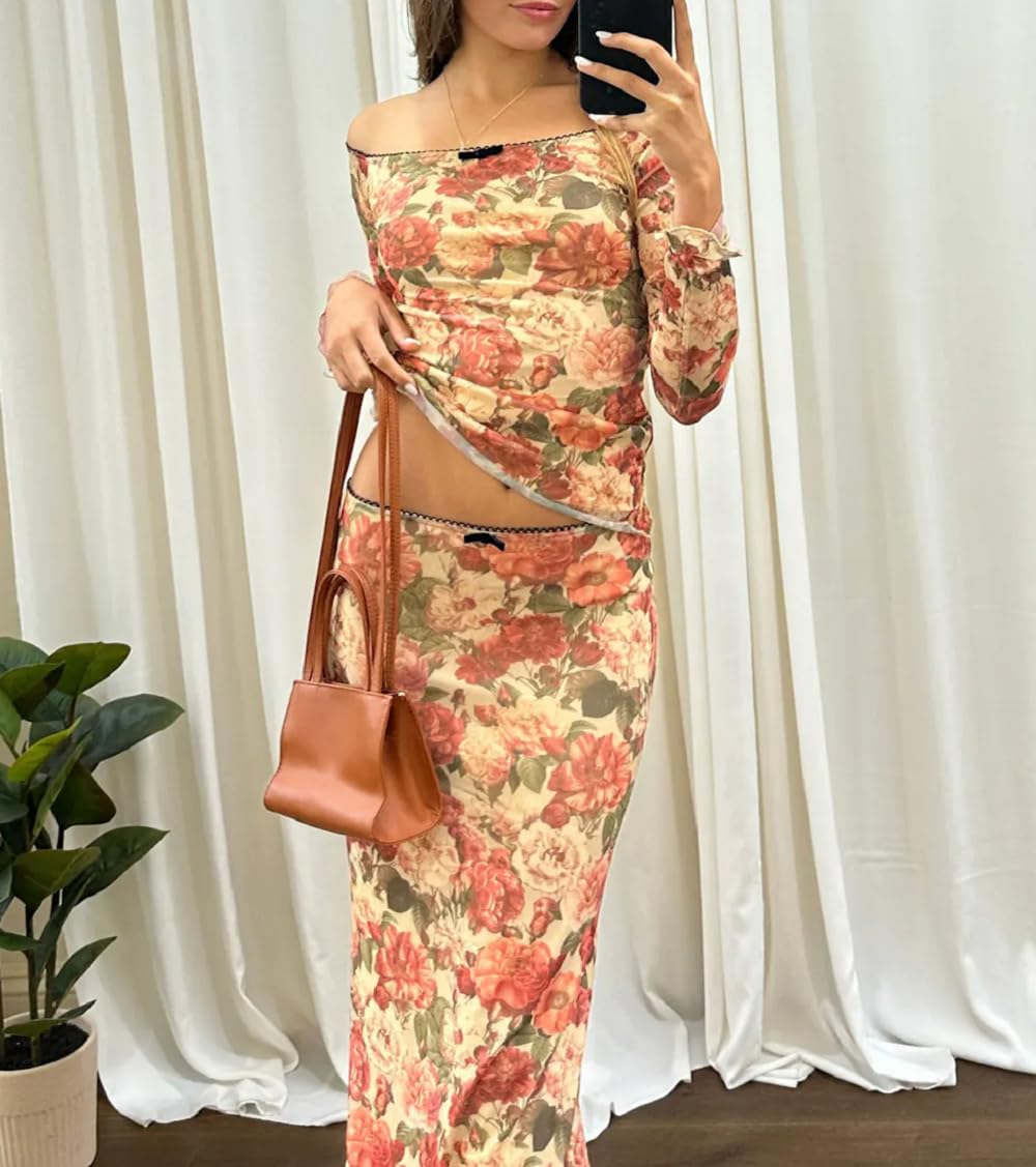 Women Y2K 2 Piece Long Skirt Set V Neck Halter Crop Top Off Shoulder Slim Fit Tube Top Split Maxi Skirts Outfit