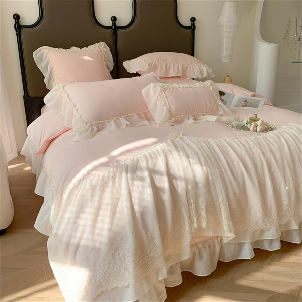 Lace Duvet Cover - Chiffon Ruffled Beddding Set with Flower, 3 Pieces Comforter Cover Set with Zipper Closure and Pillowcase