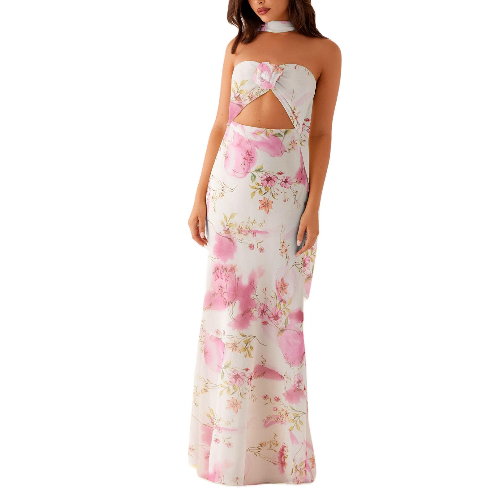 Women's Strapless Neck Scarf Floral Dresses Open Back Bodycon Long Dress Maxi Fitted Sundress