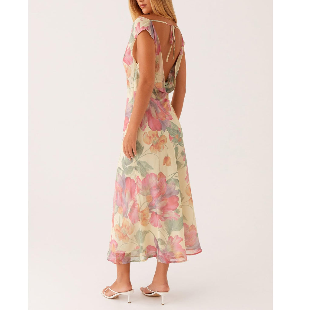 Women Floral Slip Dress Spaghetti Strap Maxi Dress Backless Slim Fit Long Dresses Flowers Print Going Out Dress