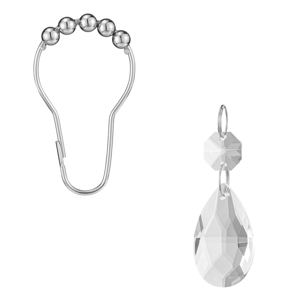 Set of 12 Water Drops Crystal Bead Stainless Steel Rust Resistant Clear Shower Curtain