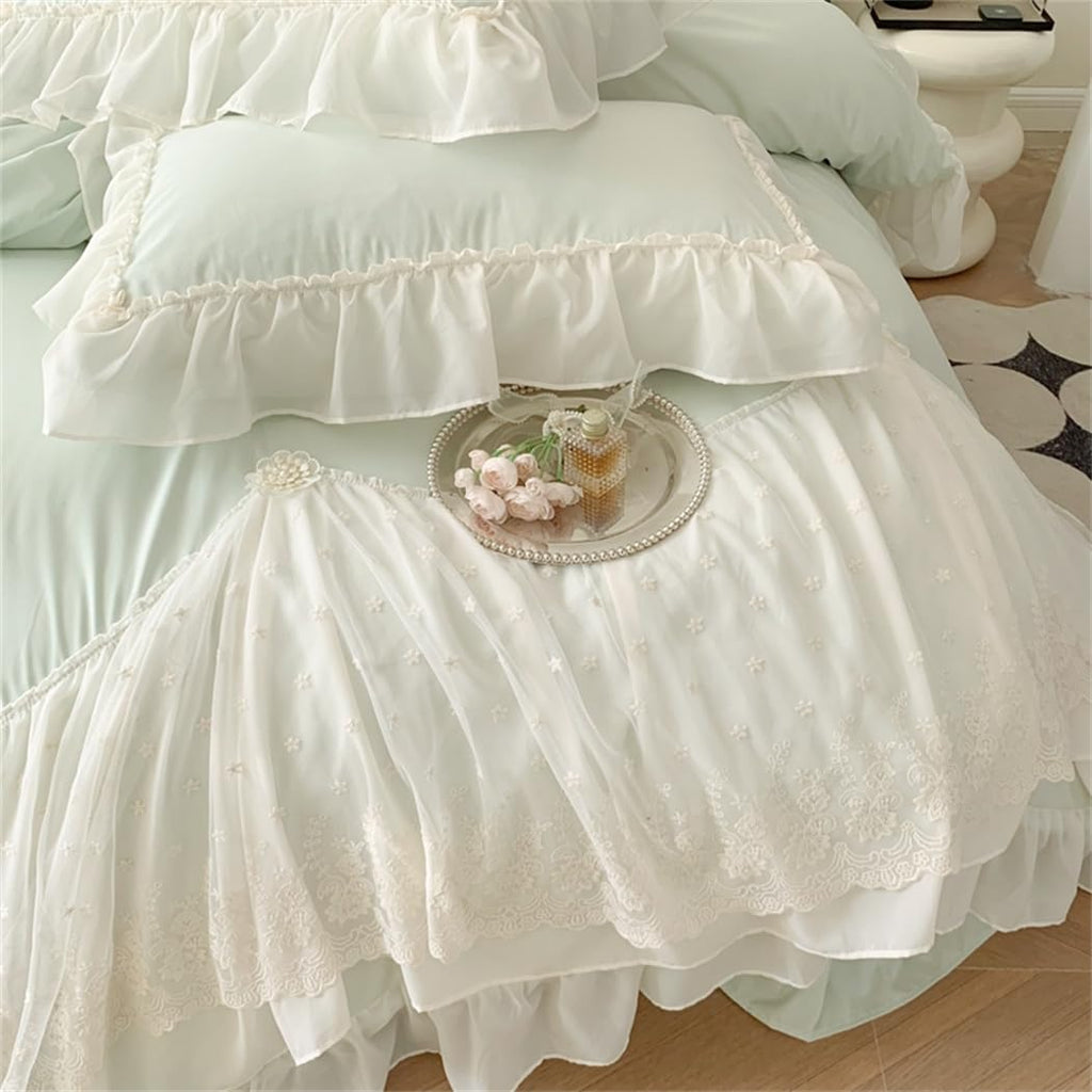 Lace Duvet Cover - Chiffon Ruffled Beddding Set with Flower, 3 Pieces Comforter Cover Set with Zipper Closure and Pillowcase