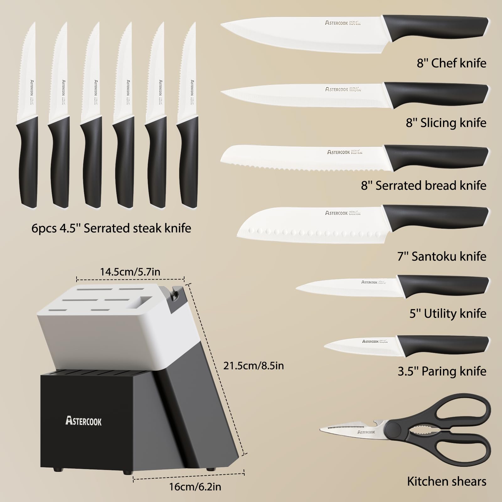 Colorful Kitchen Knives Set with Block and Sharpener Ceramic Coating 15 Pcs German Stainless Steel Knives Sharp Blade Dishwasher Safe Knife Block Set with Ergonomic Handle