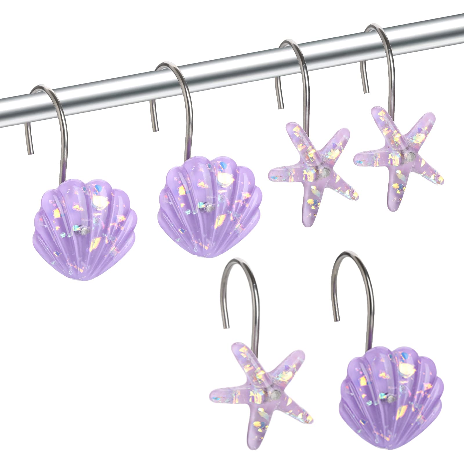 Seashell Shower Curtain Hooks, 12PCS Stainless Steel Anti Rust Starfish and Seashell Decorative Shower Hooks Ocean Theme Shower Curtain Hooks for Home Bathroom