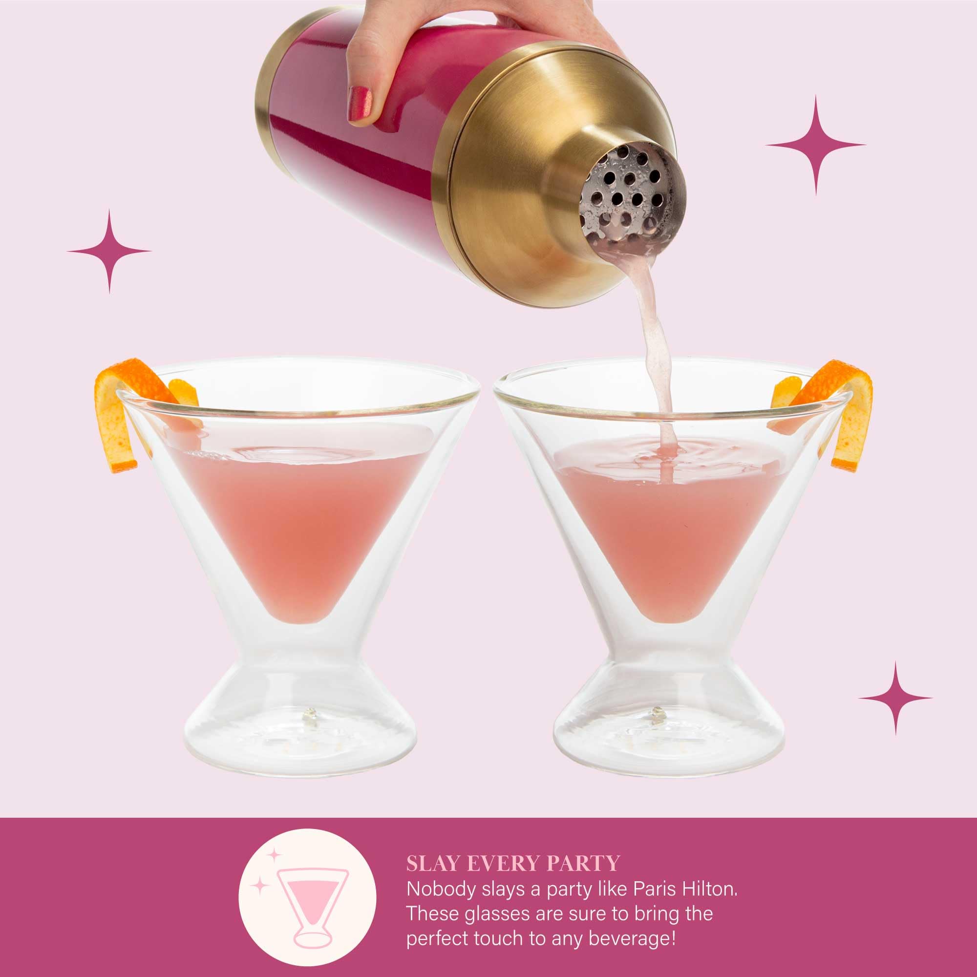 Paris Hilton 2-Piece Martini Glass Set, Double Wall Glass Design, Iridescent with Glitter Hearts - 207mL 7-Ounce