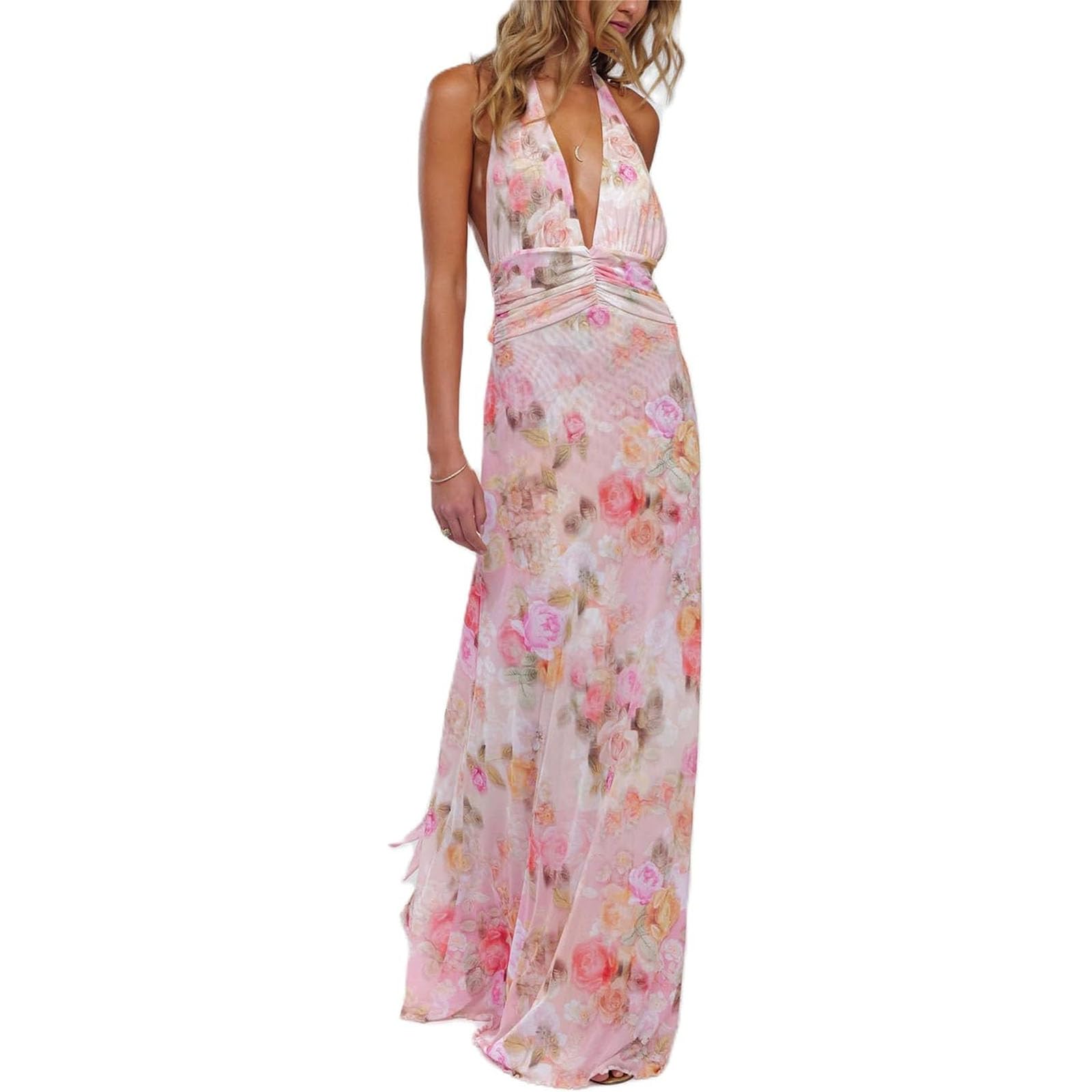 Women's Strapless Neck Scarf Floral Dresses Open Back Bodycon Long Dress Maxi Fitted Sundress