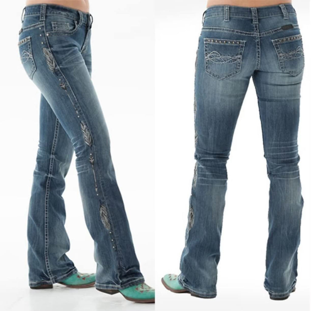 Women Bootcut Jeans, Stretchy Feather Flower Embroidery Mid Rise Slim Straight Leg Pants Jeans