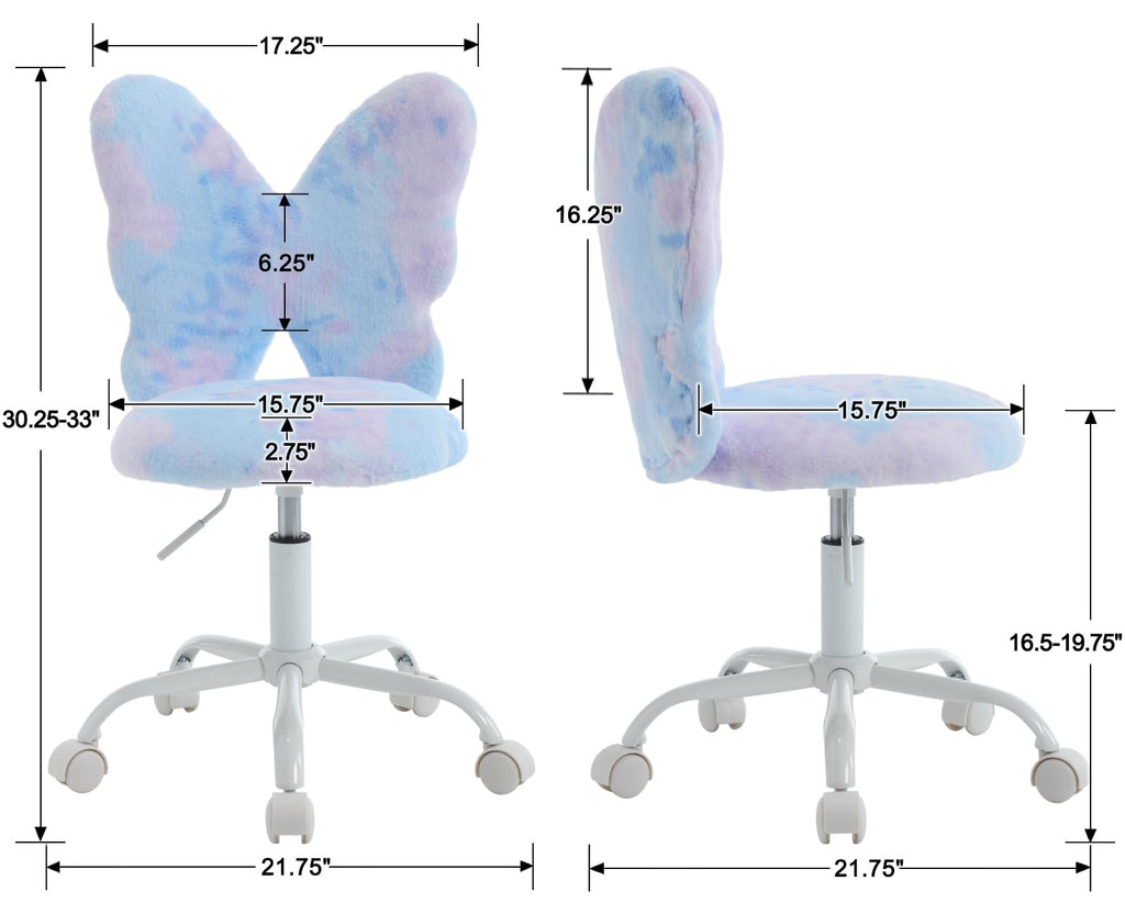 Kids Desk Chair Butterfly Faux Fur Study Chair Adjustable Vanity Chair, Small Cute Student Task Chair with White Foot