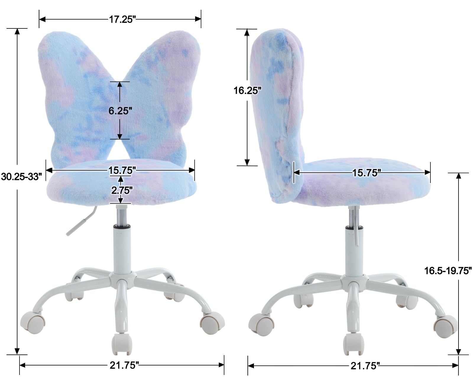 Kids Desk Chair Butterfly Faux Fur Study Chair Adjustable Vanity Chair, Small Cute Student Task Chair with White Foot