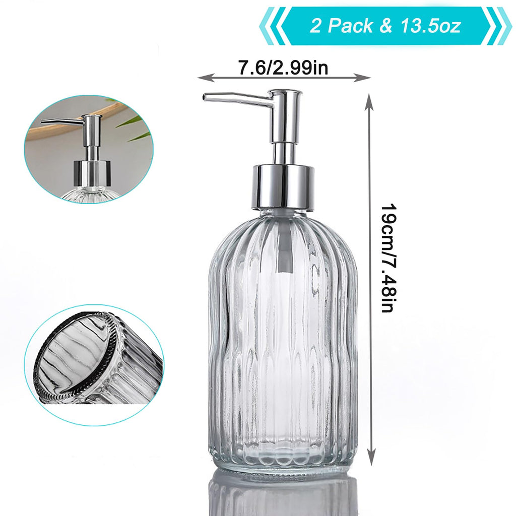 Pink Clear Glass Soap Dispenser 13 Oz/400ml, Striped Transparent Liquid Hand Soap Dispenser for Kitchen & Bathroom