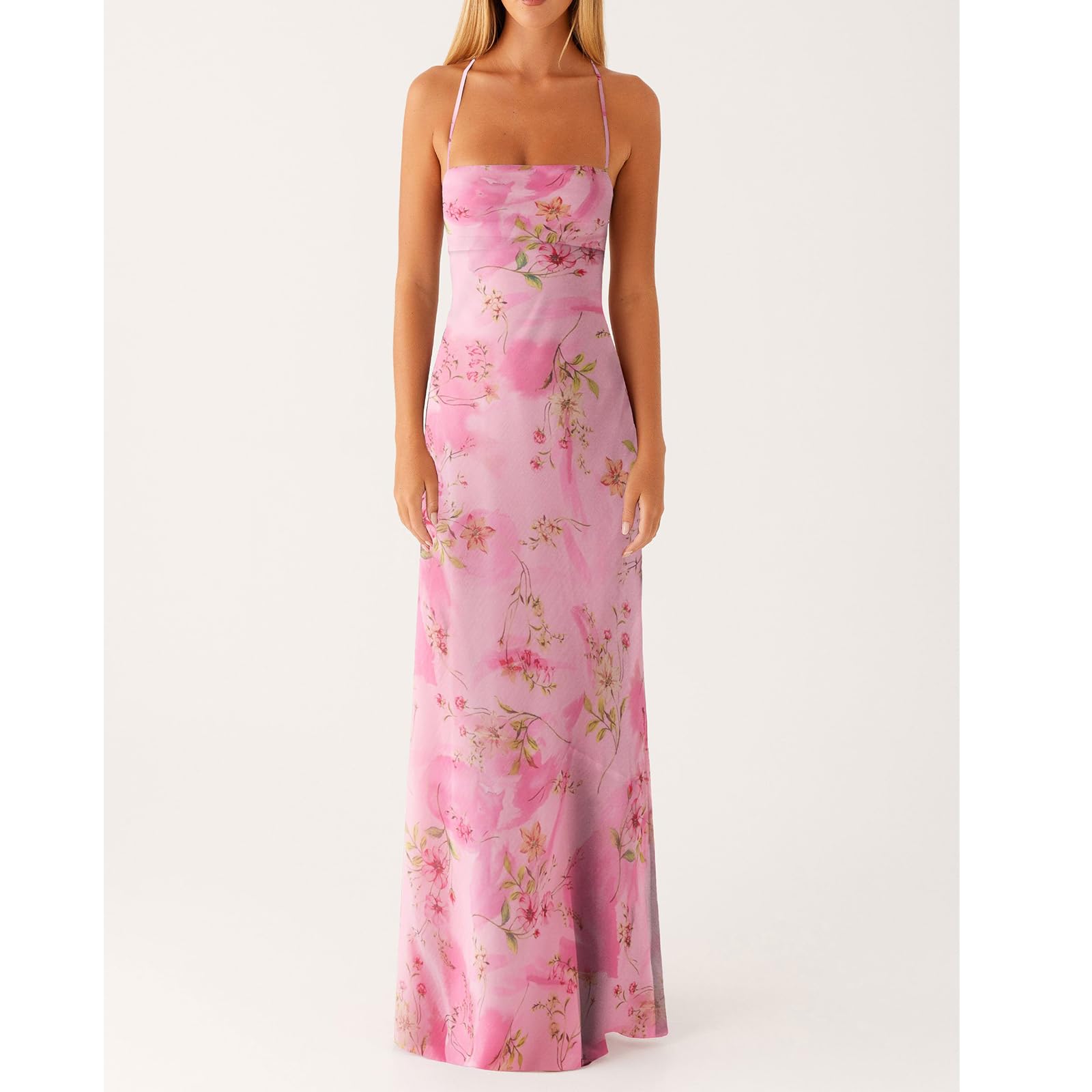 Women Floral Slip Dress Spaghetti Strap Maxi Dress Backless Slim Fit Long Dresses Flowers Print Going Out Dress