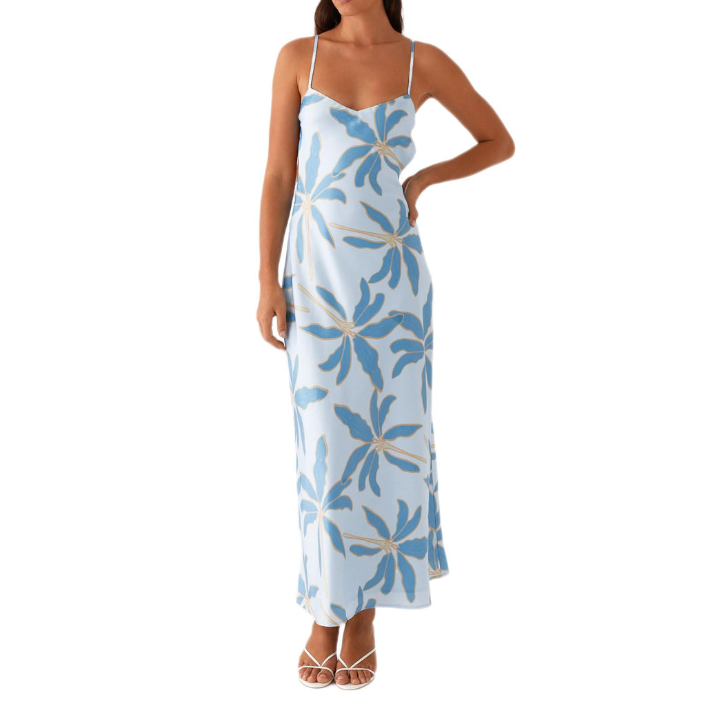 Women Floral Slip Dress Spaghetti Strap Maxi Dress Backless Slim Fit Long Dresses Flowers Print Going Out Dress