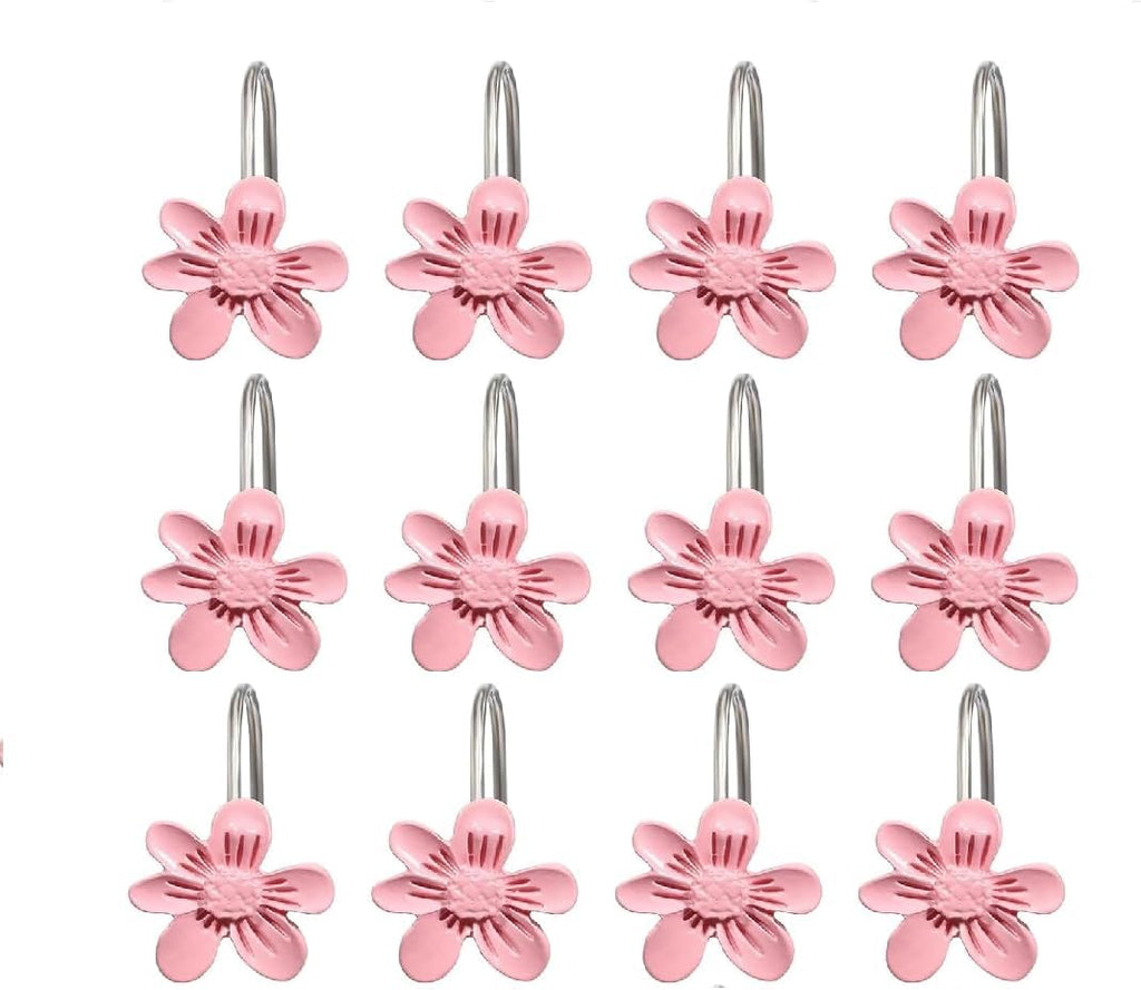 Decorative Shower Curtain Hooks, 12PCS Pink Small Flower Resin Shower Curtain Hooks Rings for Bathroom