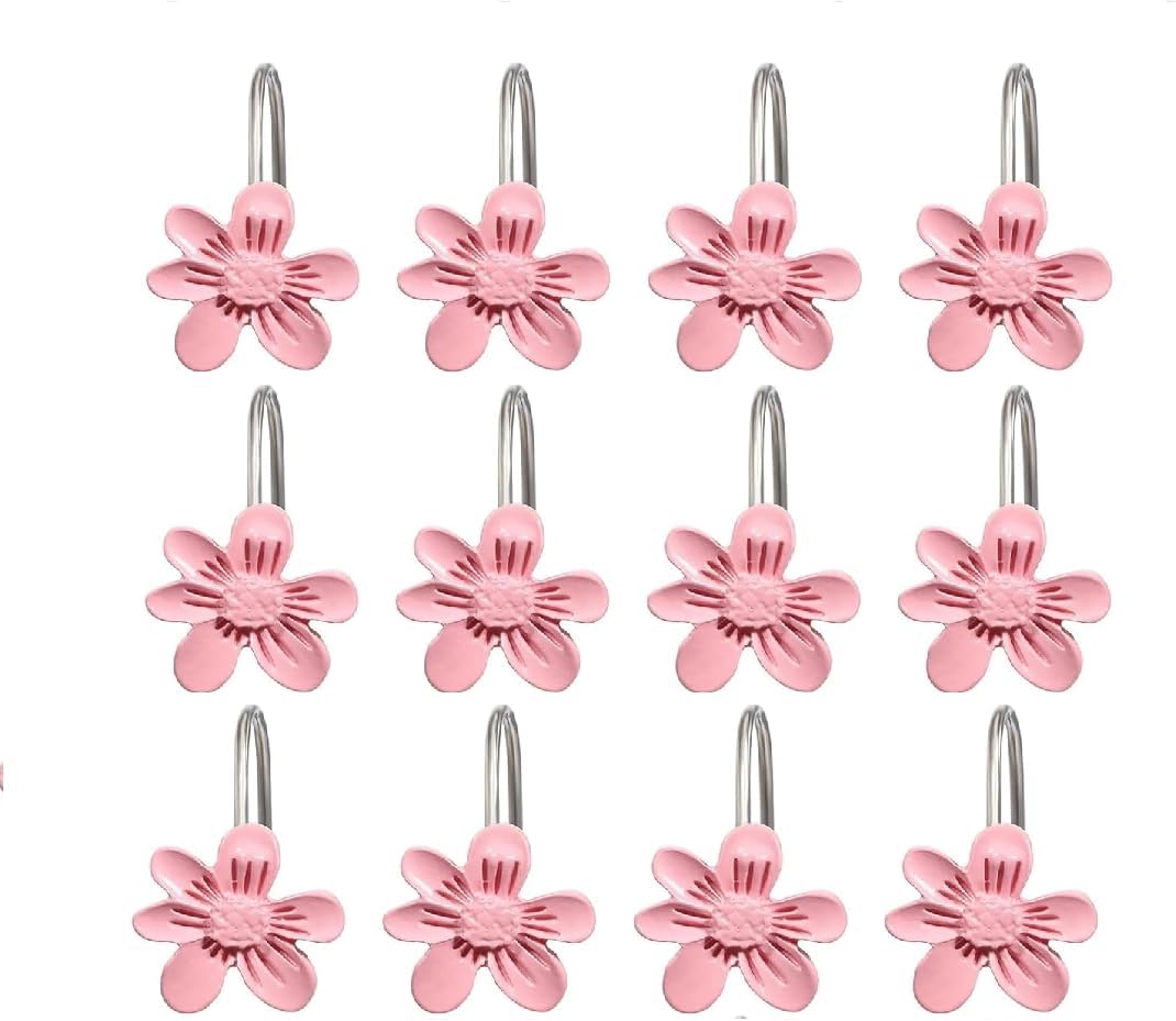 Decorative Shower Curtain Hooks, 12PCS Pink Small Flower Resin Shower Curtain Hooks Rings for Bathroom