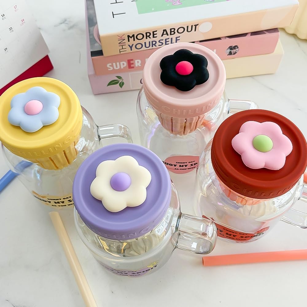 Cutecore Glass Mug with Flower Straw Lid and Handle 28.7oz | Floral Glass Cups Clear Mugs