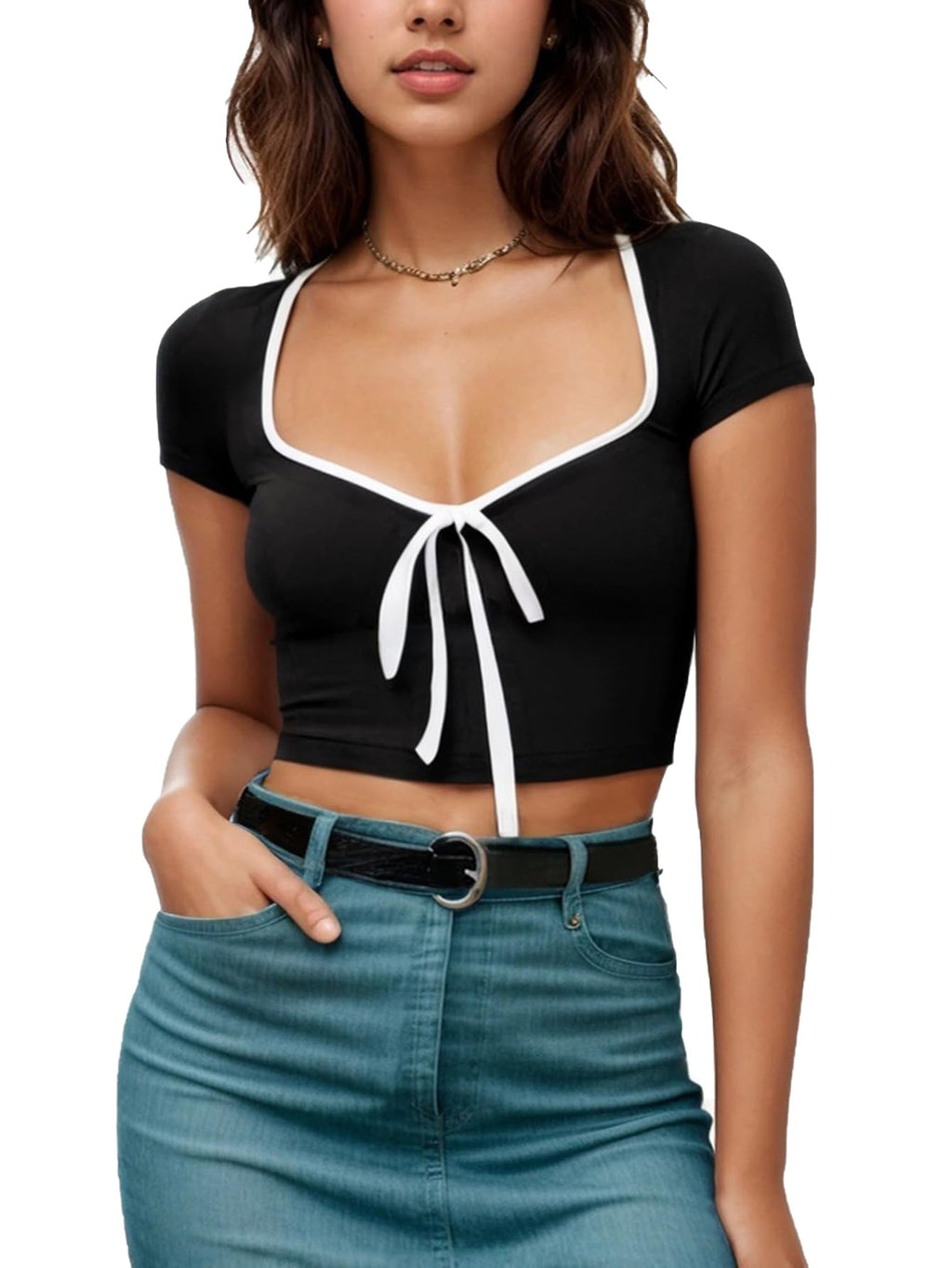 Womens Summer Short Sleeve Bow Square Neck Baby Tees Color Block Basic Crop Tops
