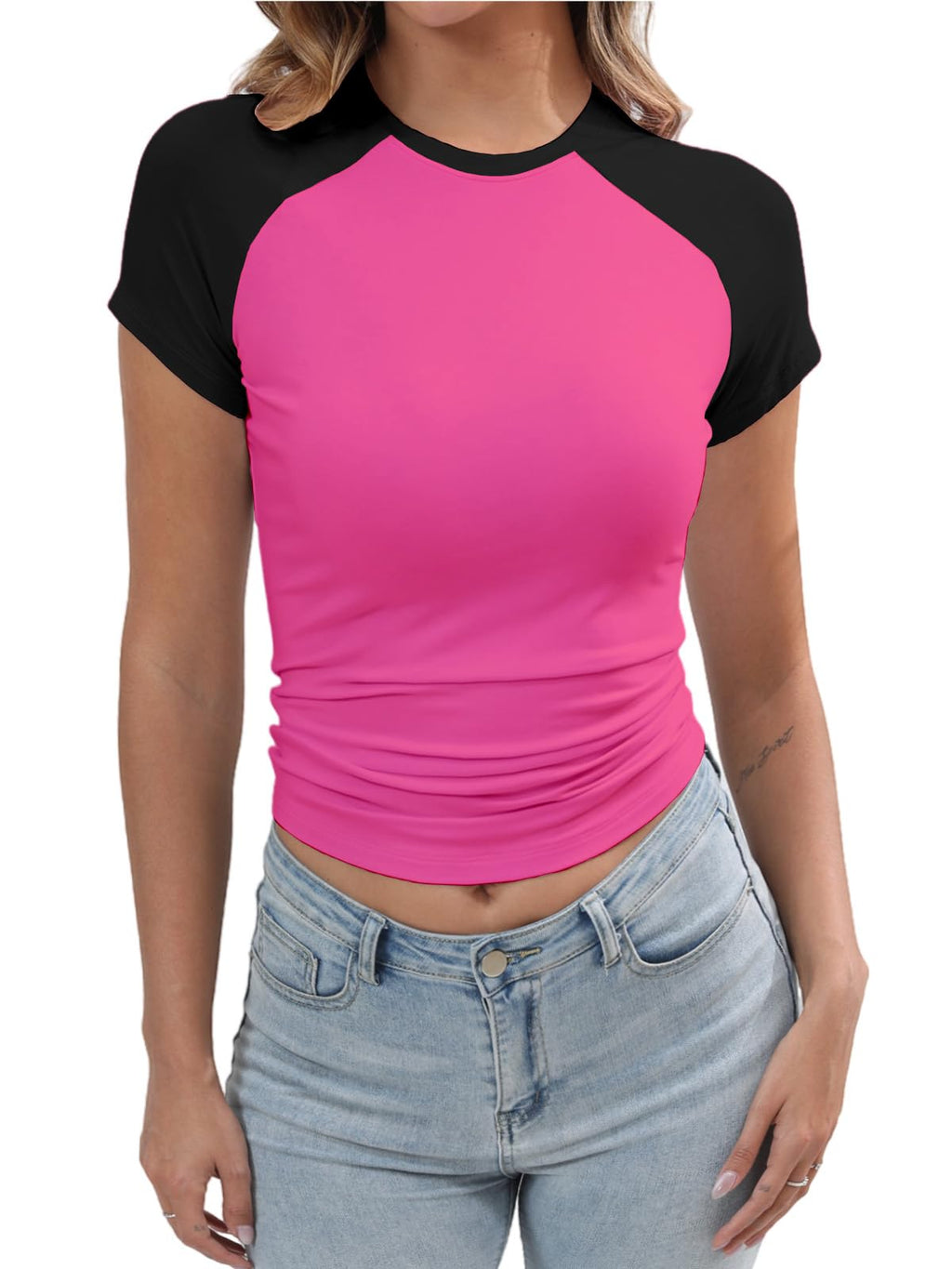 Women's Y2K Basic Shirts Short Sleeve Crewneck Slim Fit Stretchy Slightly Crop Top