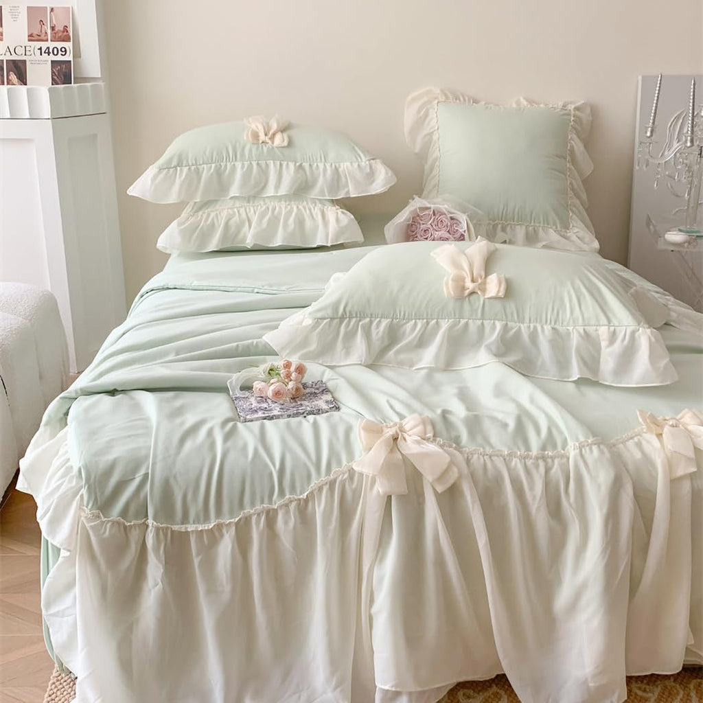 Ruffle Duvet Cover Bedding Set with Bowtie, 2 Pieces Comforter Cover Set with Zipper Closure with Pillowcase