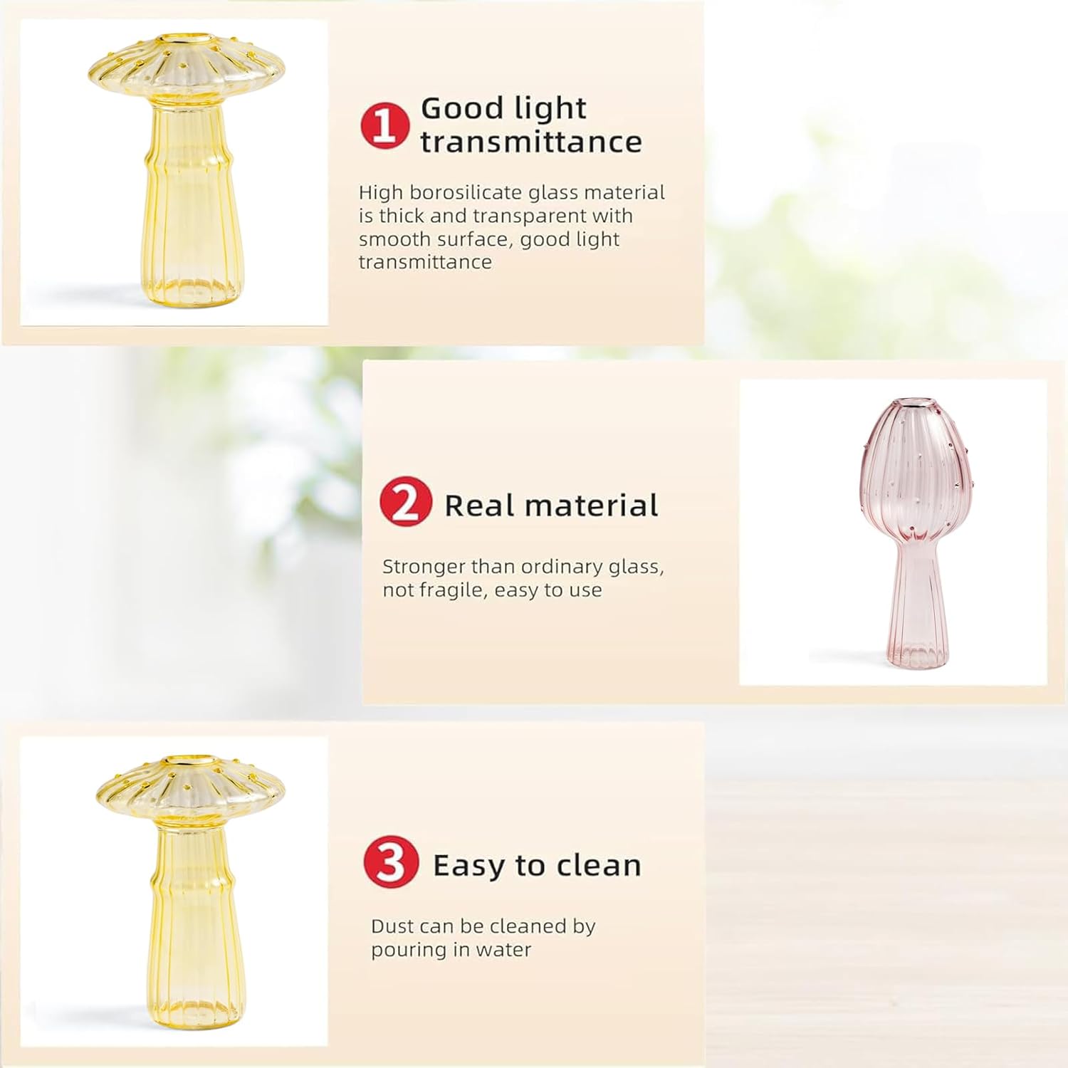 Mushroom Breeding Vases, Colorful Glass Cute Hydroponic Unique Pink and Yellow Glass Vases 2 PCS