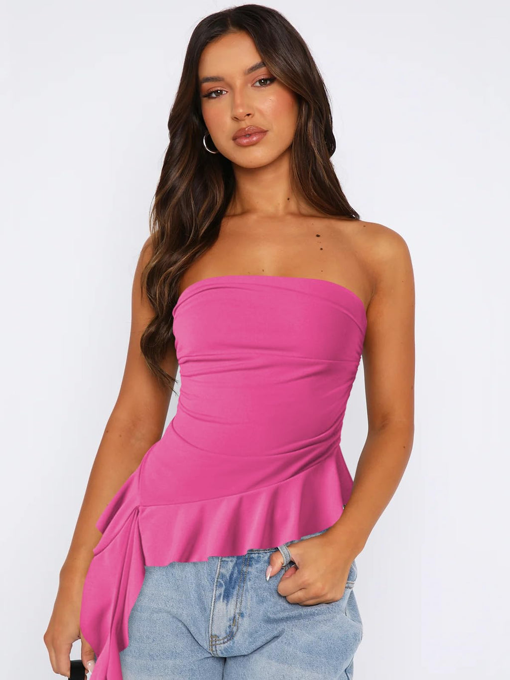 Women Strapless Tops Ruffled Asymmetrical Hem Tube Tops Ruched Bandeau Cami Tanks