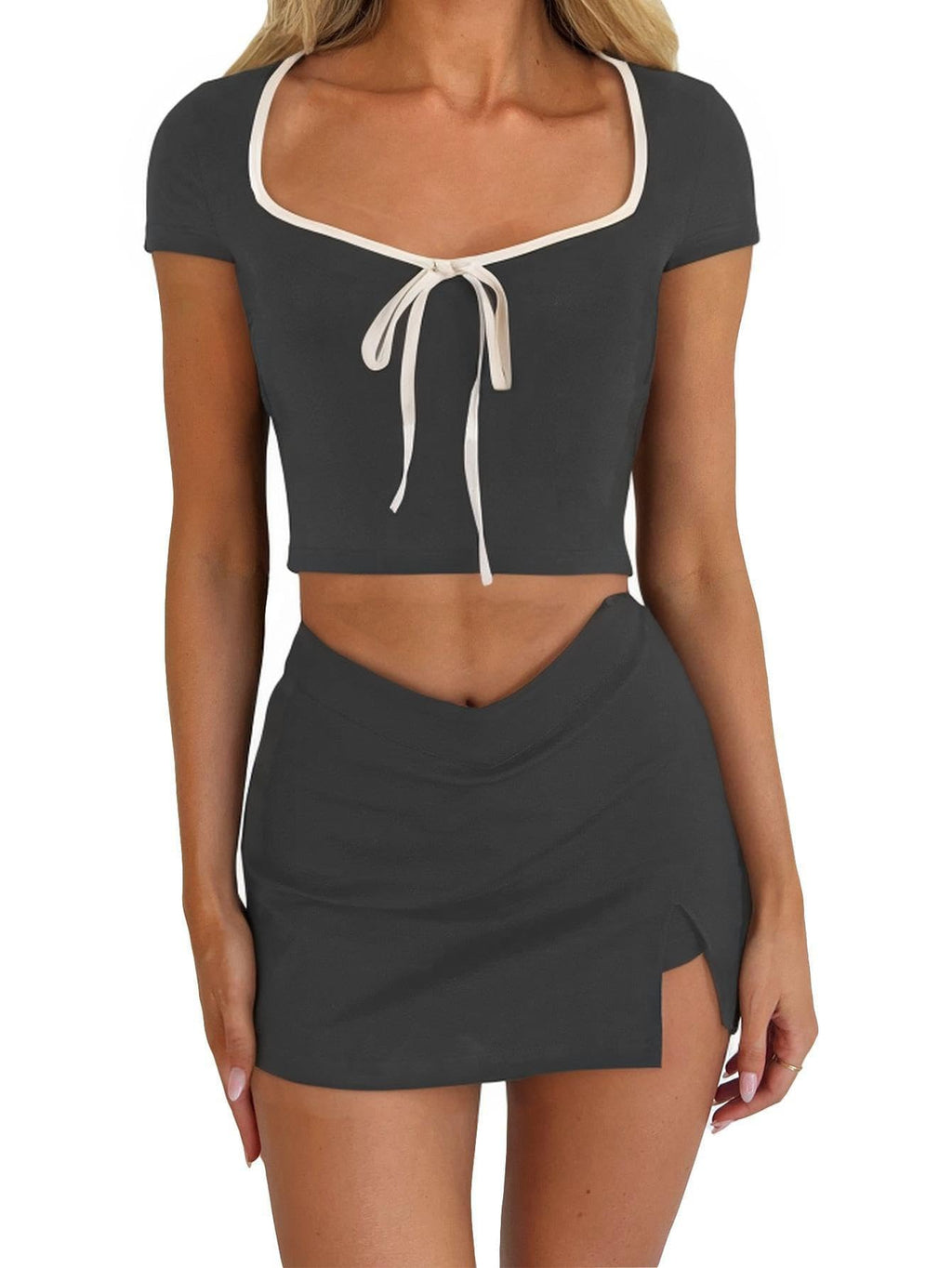 Womens Summer Short Sleeve Bow Square Neck Baby Tees Color Block Basic Crop Tops