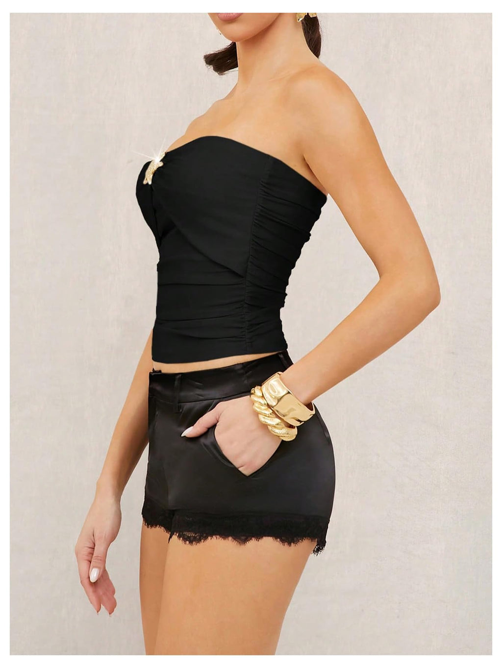 Women's Rhinestone 3D Floral Sleeveless Bandeau Ruched Strapless Tube Top