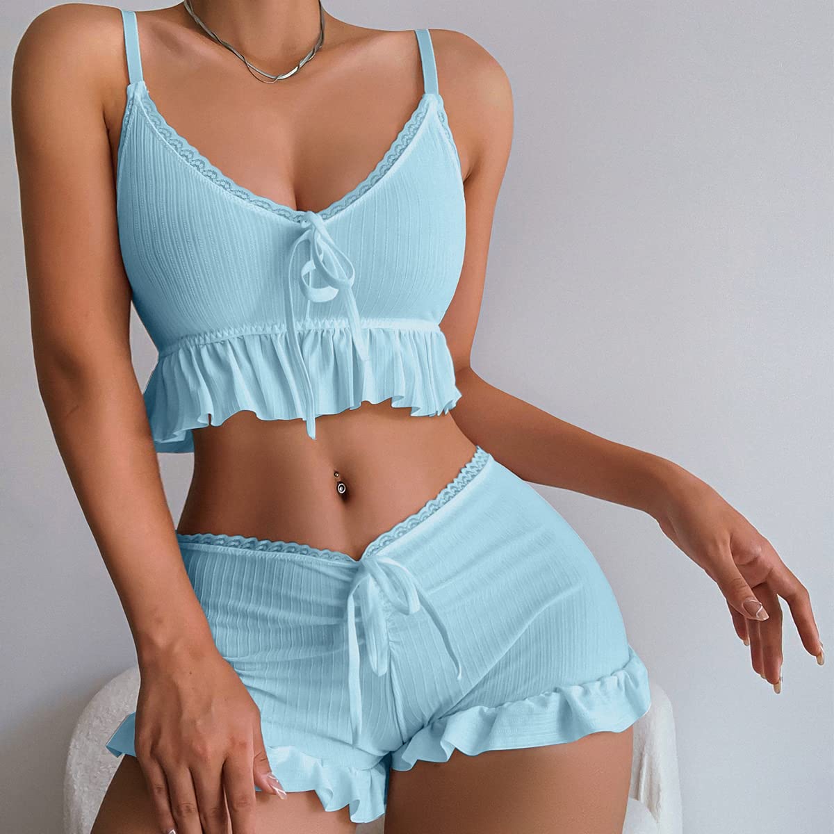 Women's 2 Piece Lingerie Set Pajama Sets Ruffle Trim Tie Front Cami Top and Shorts Sleepwear