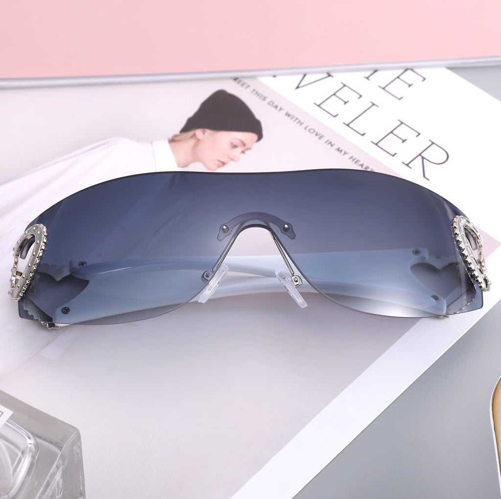 Wrap Around Heart Rhinestones Rimless Sunglasses Women Men, Oversized Fashion Futuristic Sun Glasses Cool Shade 2000S Trendy