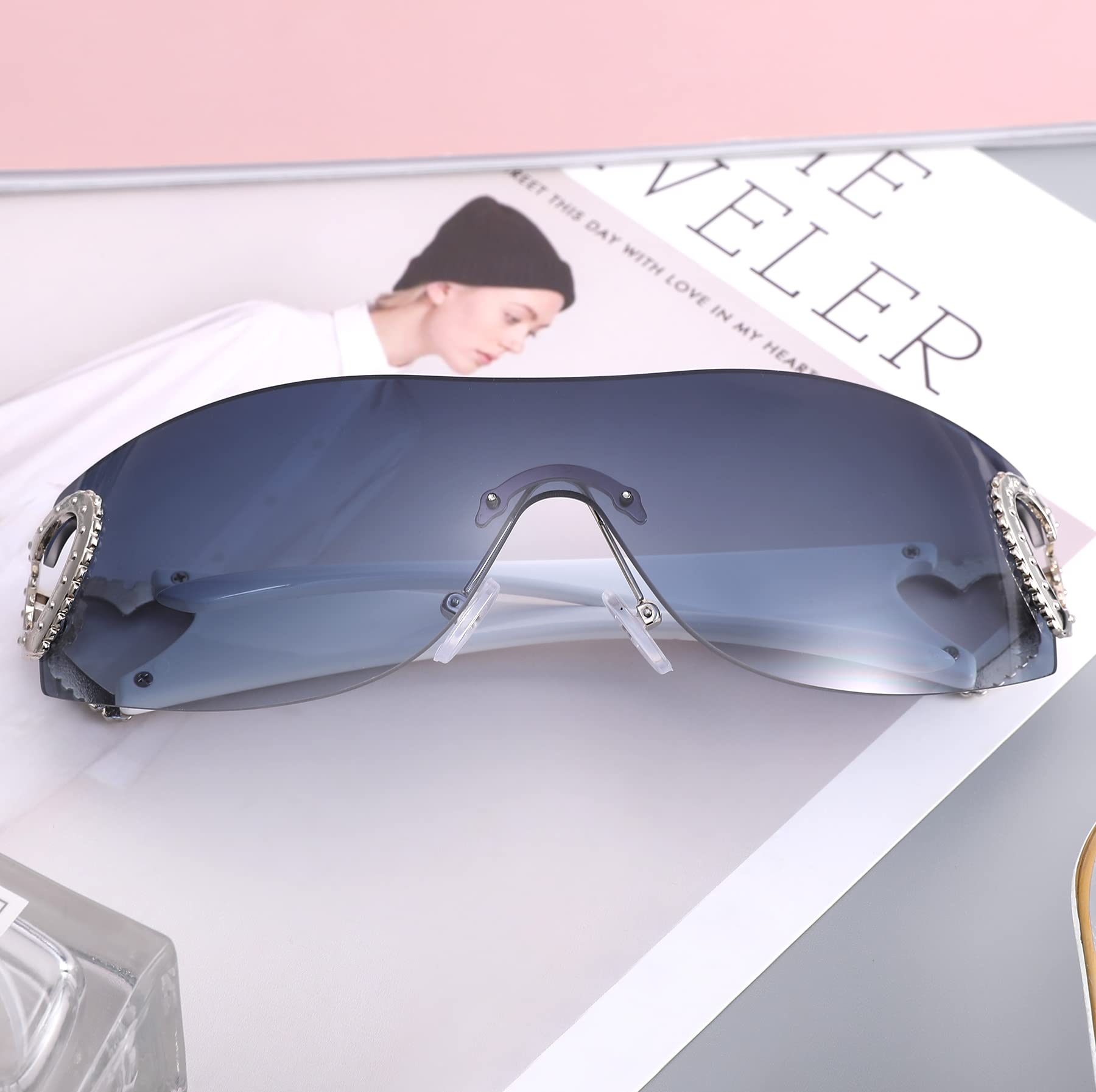 Wrap Around Heart Rhinestones Rimless Sunglasses Women Men, Oversized Fashion Futuristic Sun Glasses Cool Shade 2000S Trendy