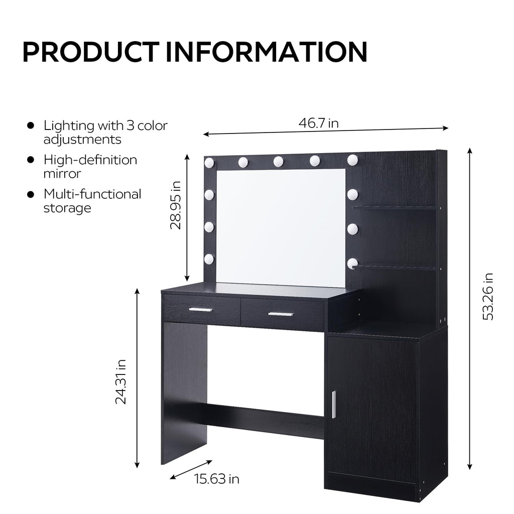Vanity Desk with Mirror and LED Light Strip,Dressing Table with Large Drawer, 3 Level Storage Dresser & 3 Lighting Modes Adjustable Brightness
