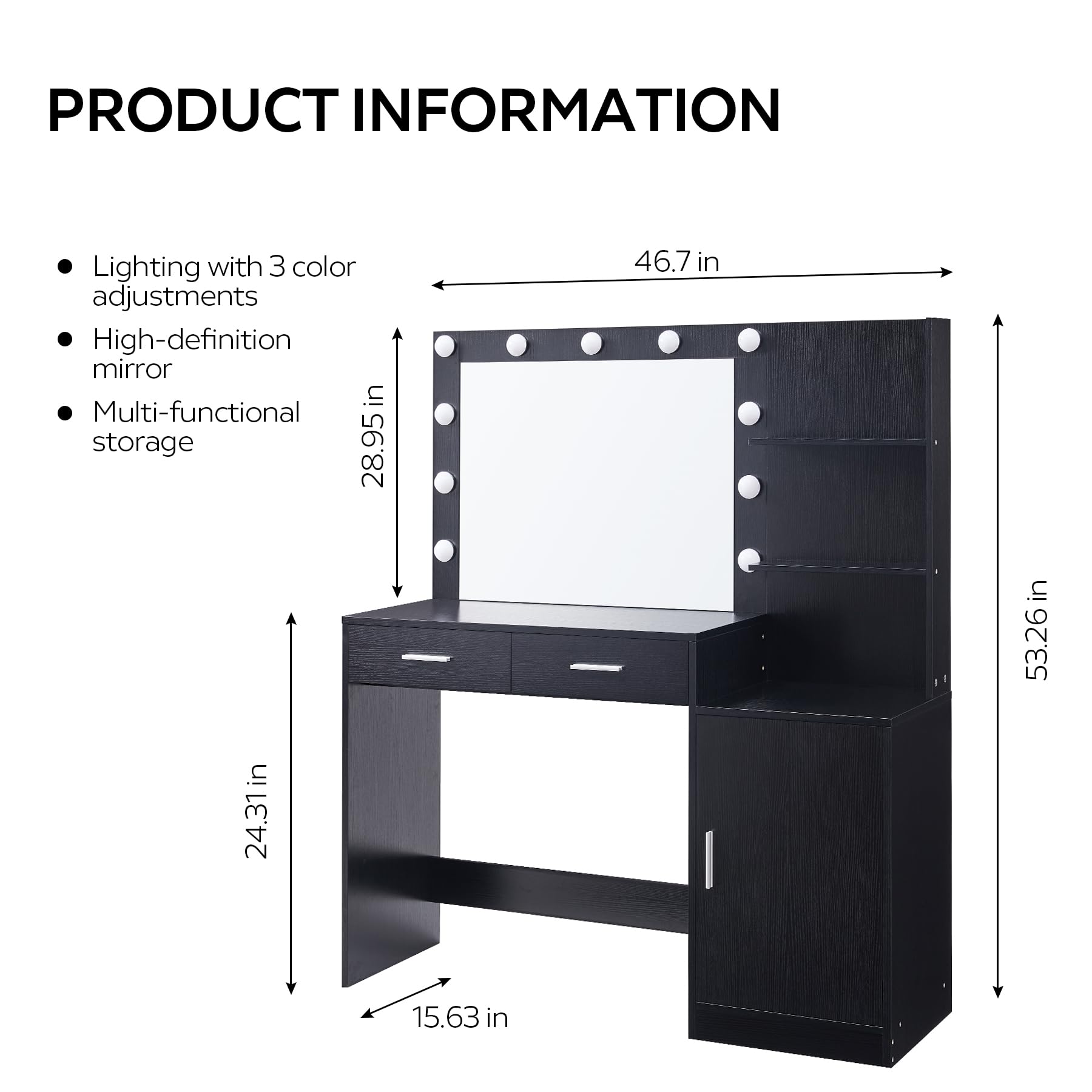 Vanity Desk with Mirror and LED Light Strip,Dressing Table with Large Drawer, 3 Level Storage Dresser & 3 Lighting Modes Adjustable Brightness