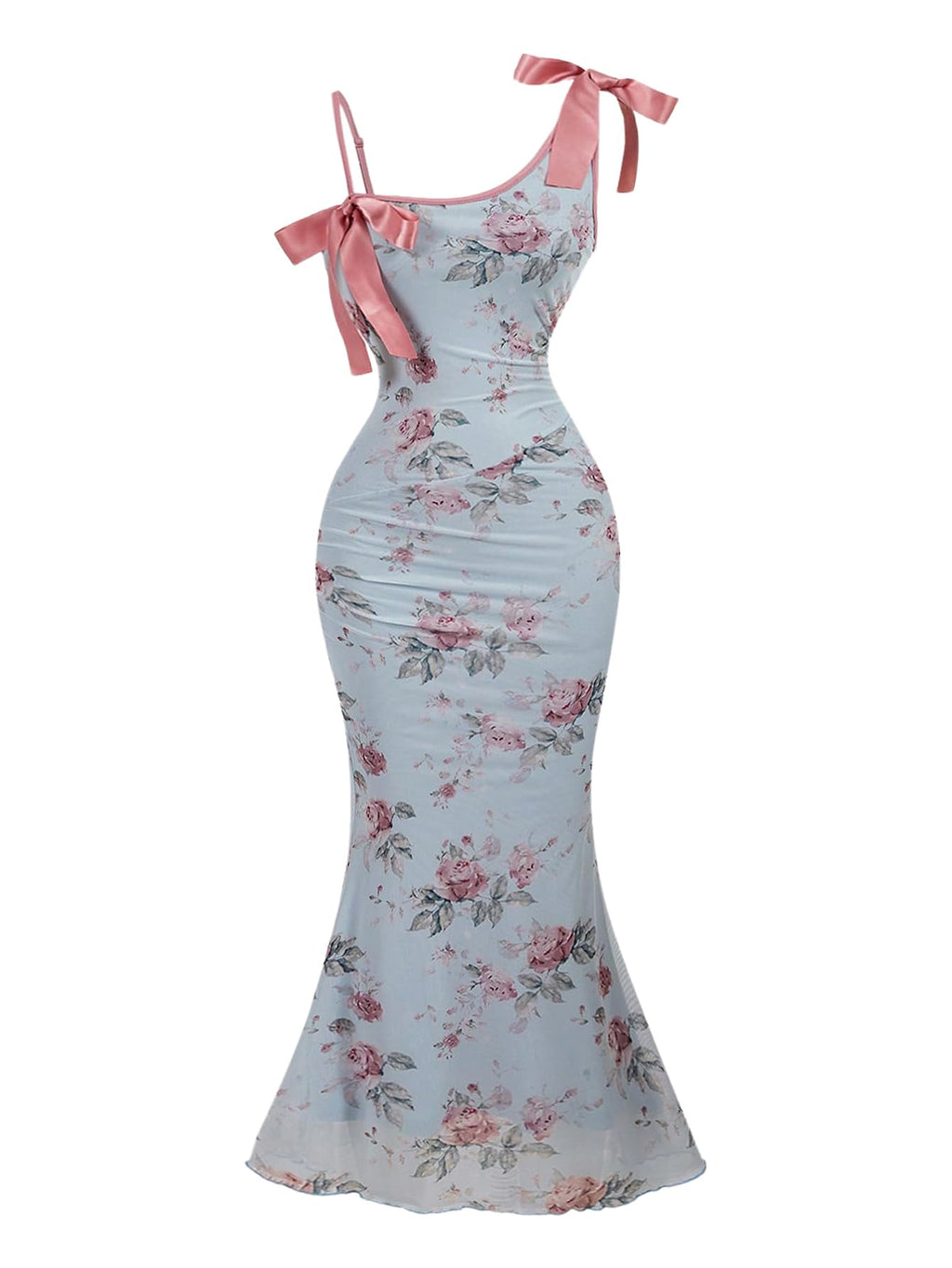 Asymmetric Women's Floral Print Bowknot Bodycon Maxi Dress Sleeveless Strap Fishtail Dress
