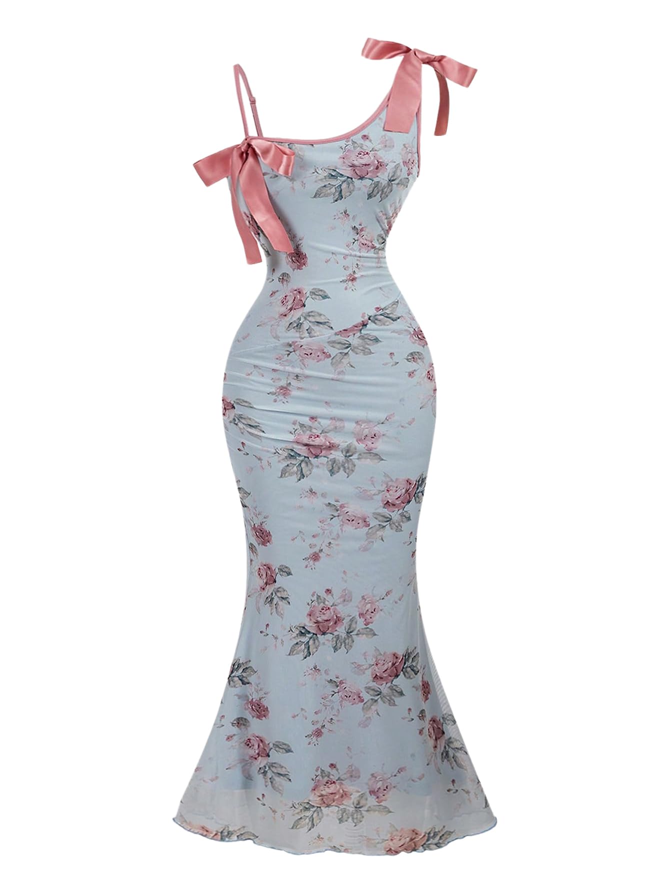 Asymmetric Women's Floral Print Bowknot Bodycon Maxi Dress Sleeveless Strap Fishtail Dress