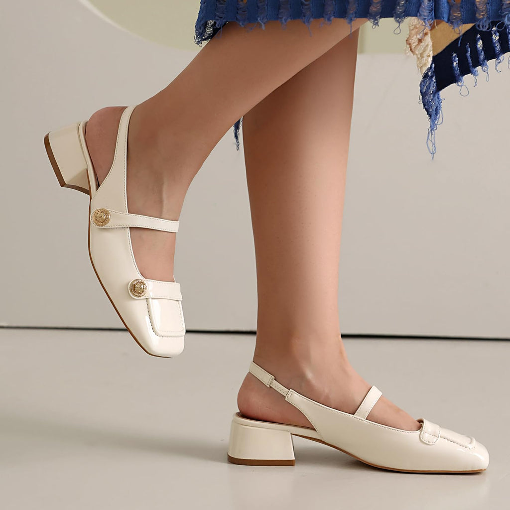 Slingback Mary Jane Heels for Women Low Block Heel Closed Square Toe Pump Shoes Heels