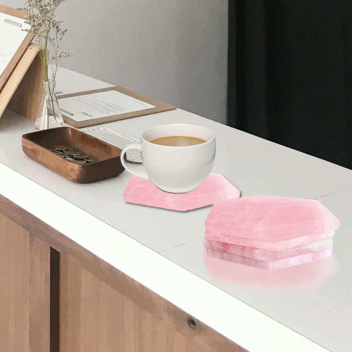 Pink Crystal Coaster Set of 4 Rose Quartz Slices Cup Mat with Rubber Bumper