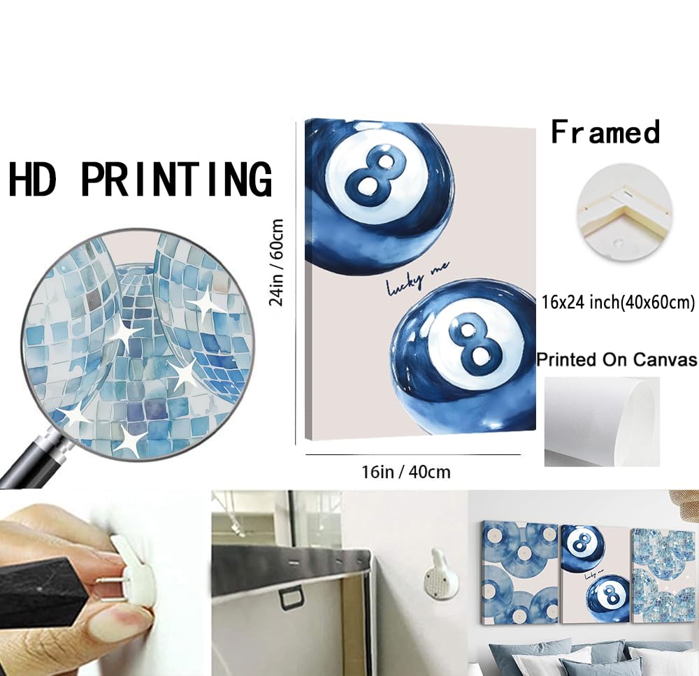 Trendy Blue Wall Art Set of 3, Preppy Navy Blue Wall Decor, Coquette Disco Lucky Me 8 Ball Poster Canvas Prints Aesthetic Pictures Room Dorm