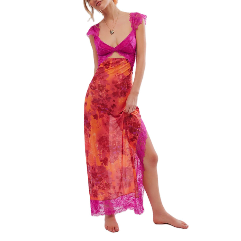 Women Sleeveless Maxi Dress Backless Bodycon Floral Printed Spaghetti Strap Long Dress Sheer Mesh Summer One-Piece