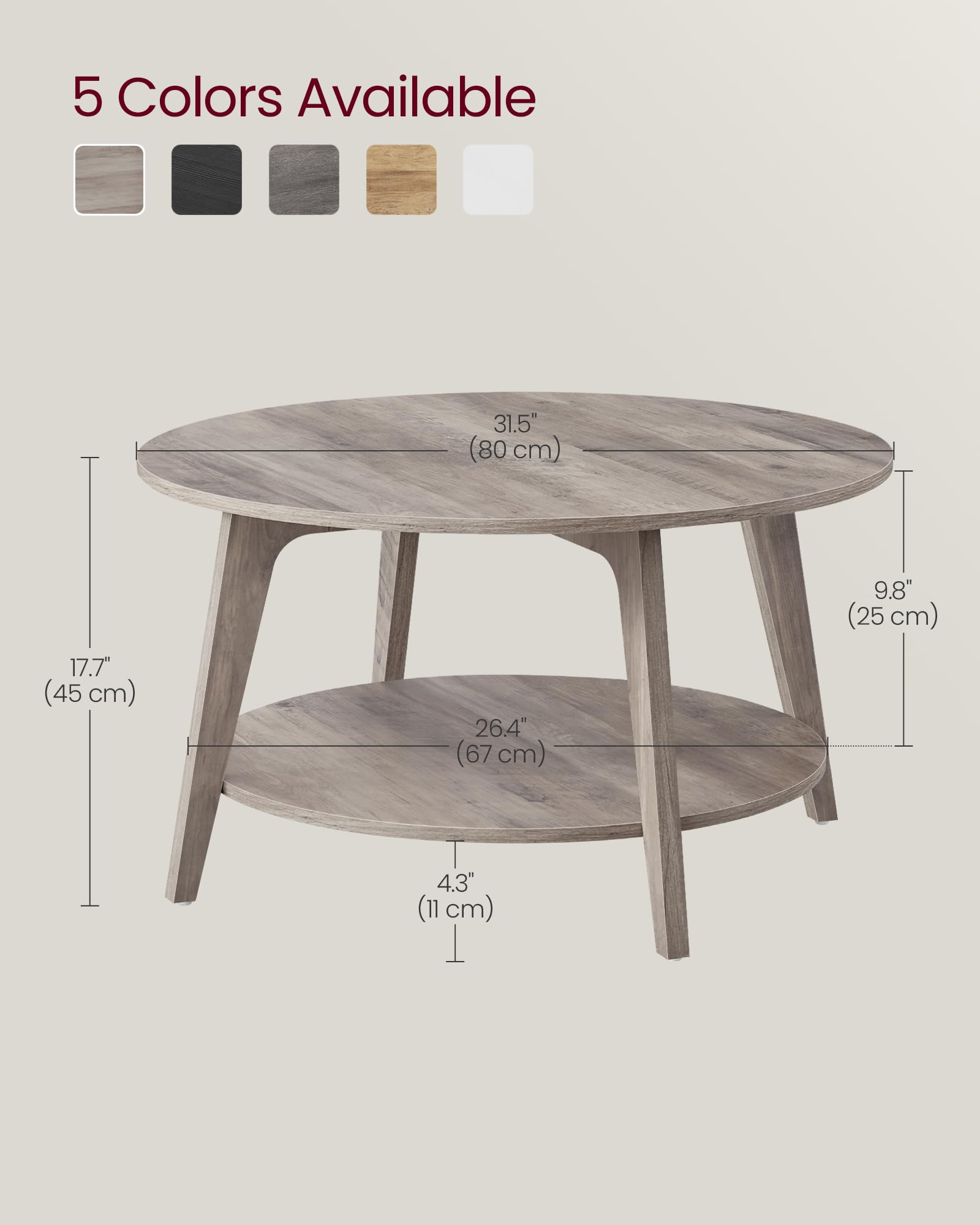 Round Coffee Table, 2 Tier Coffee Table with Storage, for Living Room, 31.5 x 17.7 Inches, Easy to Assemble