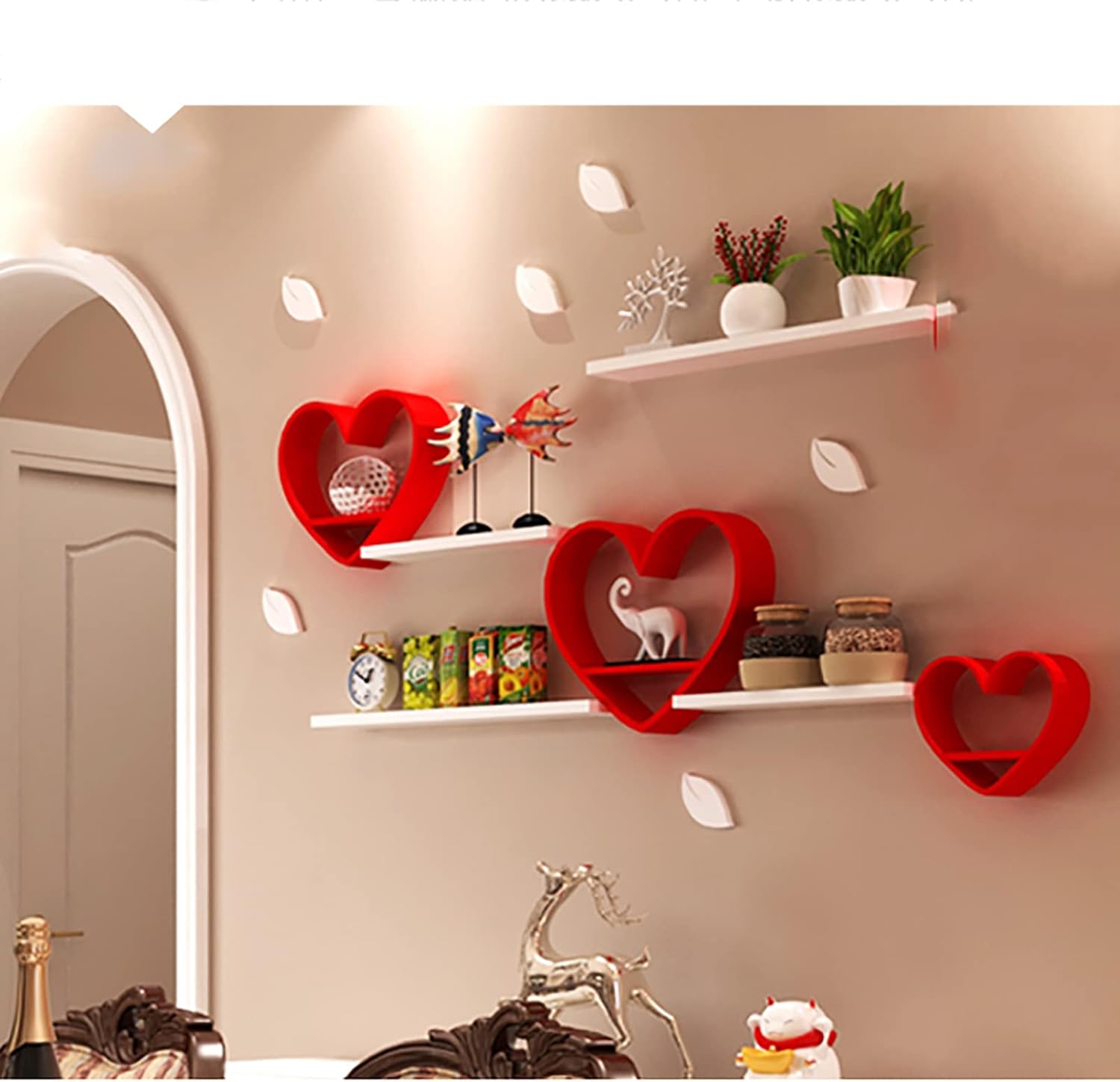Set of 3 Heart-Shaped Floating Shelves â€?Kawaii Wood Wall Decor for Bedroom, Bathroom & Living Room