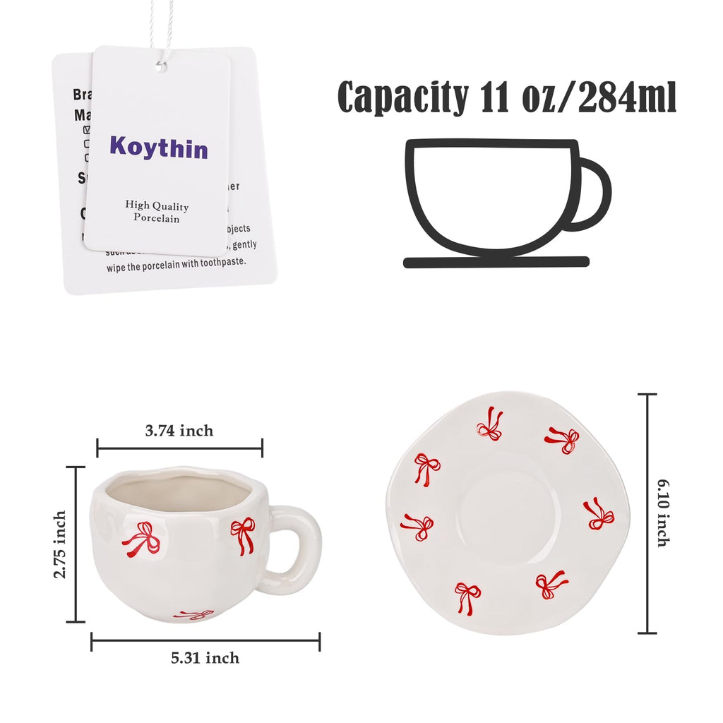 Ceramic Coffee Mug with Saucer Set, Cute Creative Cup Unique Irregular Design, 10 oz/300 ml