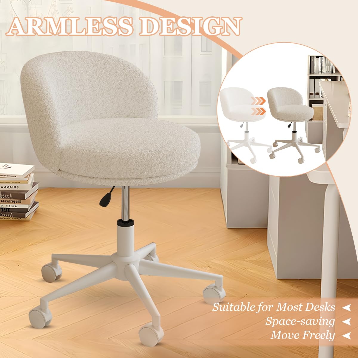 Modern Vanity Chair with Back, 360° Swivel Makeup Desk Chair Small Office Chair with Wheels, Height Adjustable Armless Computer Task Chair