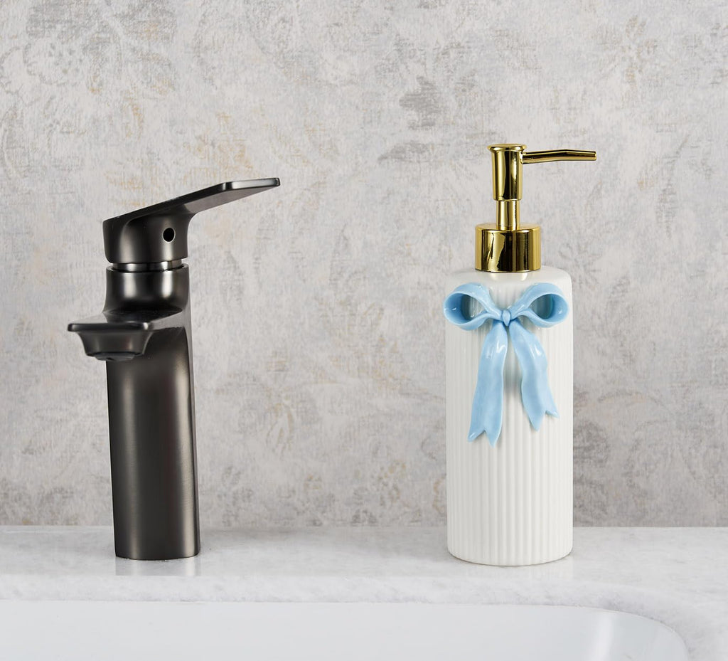 Handmade Ceramic Bow Soap Pump Dispenser Hand Lotion Liquid Dispenser Refillable for Kitchen and Bathroom Decorative