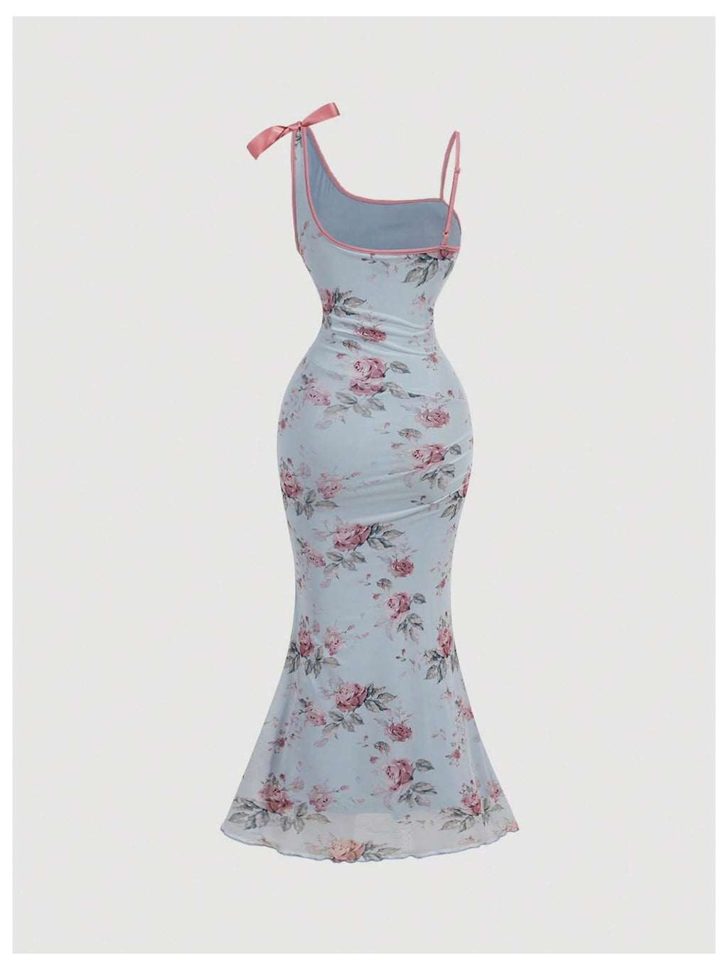 Asymmetric Women's Floral Print Bowknot Bodycon Maxi Dress Sleeveless Strap Fishtail Dress