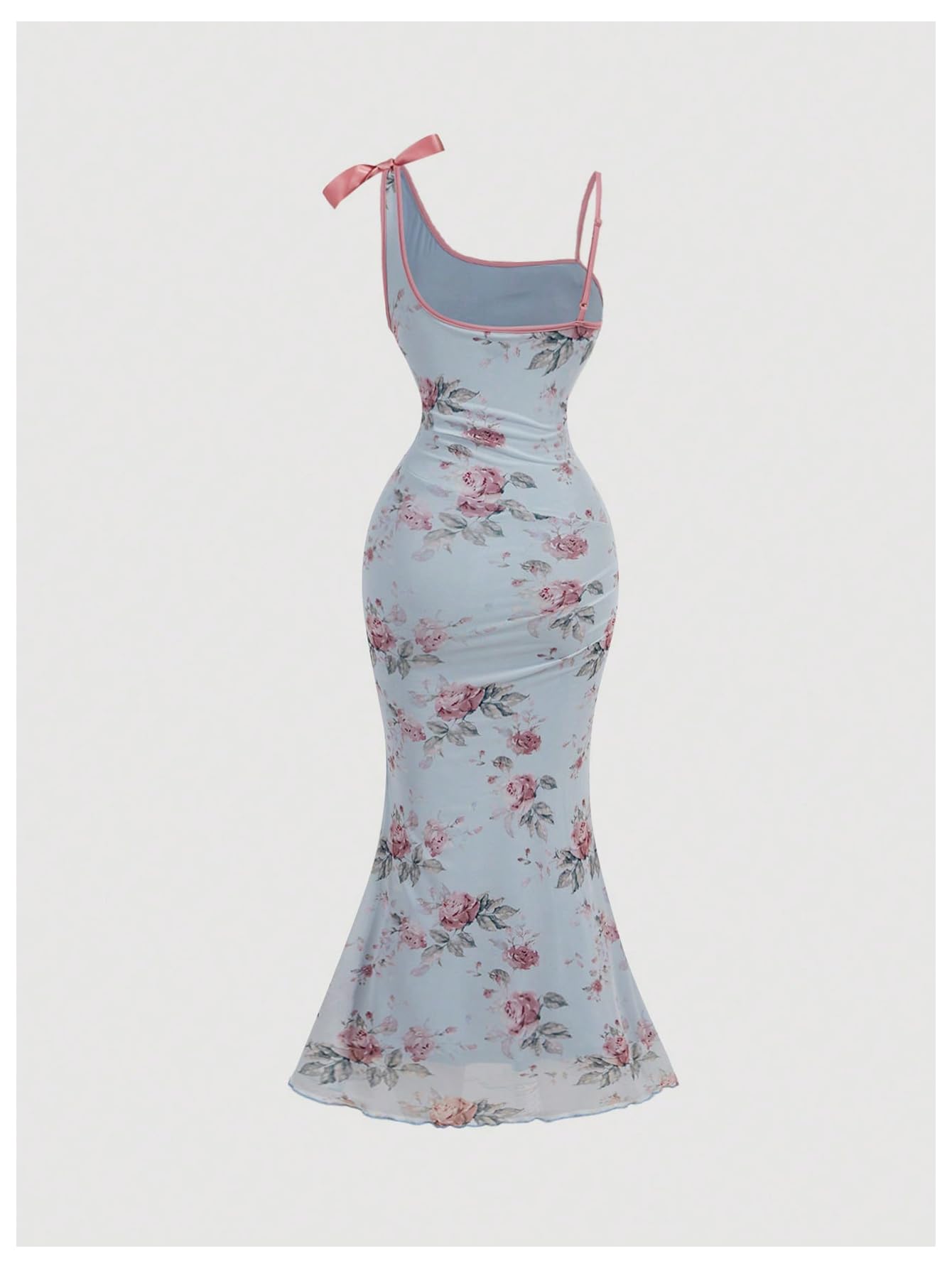 Asymmetric Women's Floral Print Bowknot Bodycon Maxi Dress Sleeveless Strap Fishtail Dress