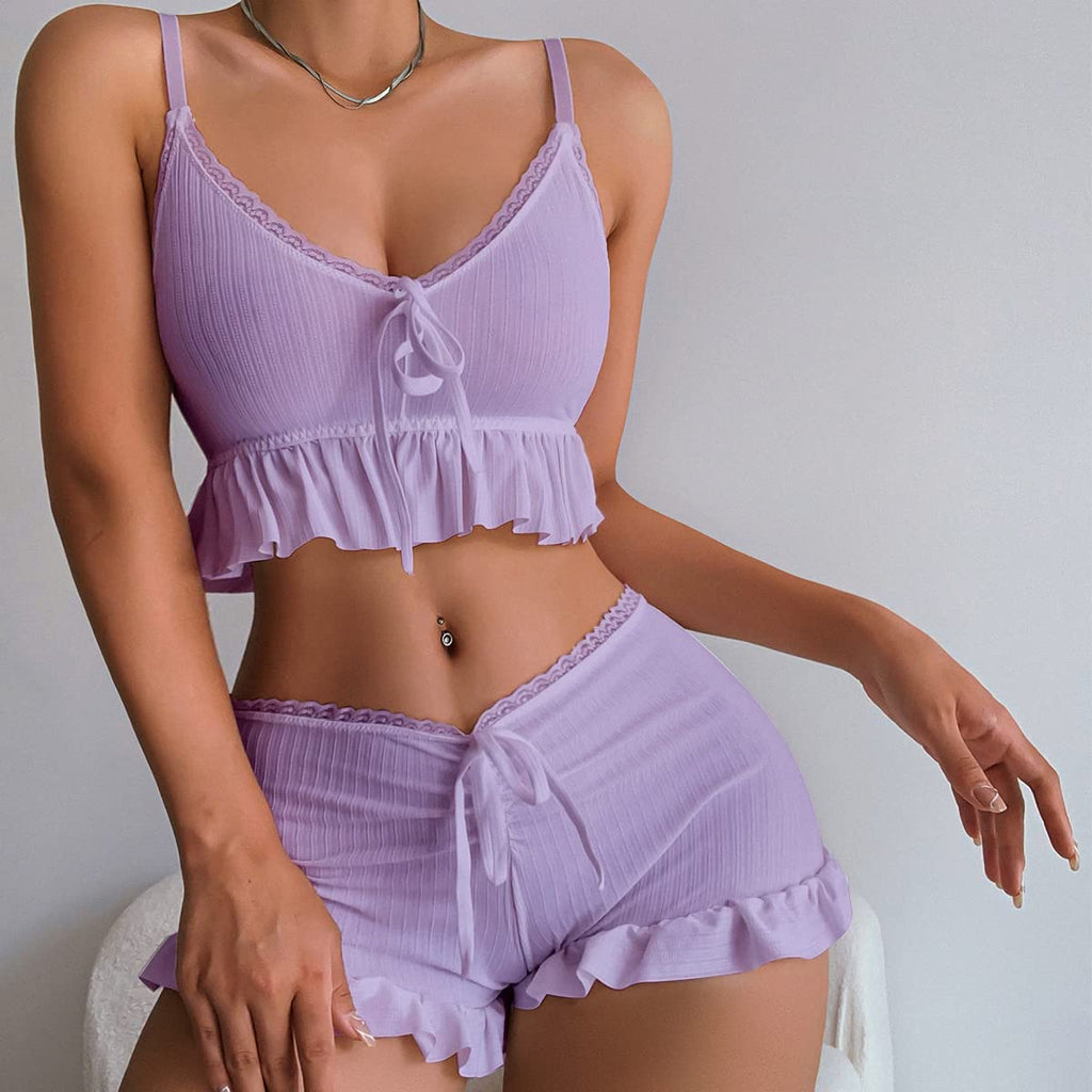 Women's 2 Piece Lingerie Set Pajama Sets Ruffle Trim Tie Front Cami Top and Shorts Sleepwear