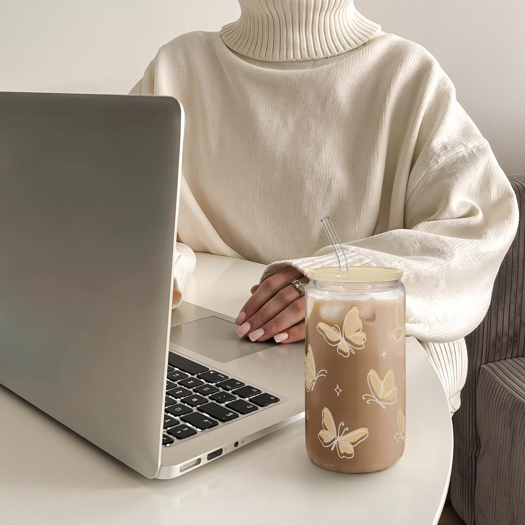 Glass Cup with Lid & Straw, Iced Coffee Aesthetic Glass Can, 16oz
