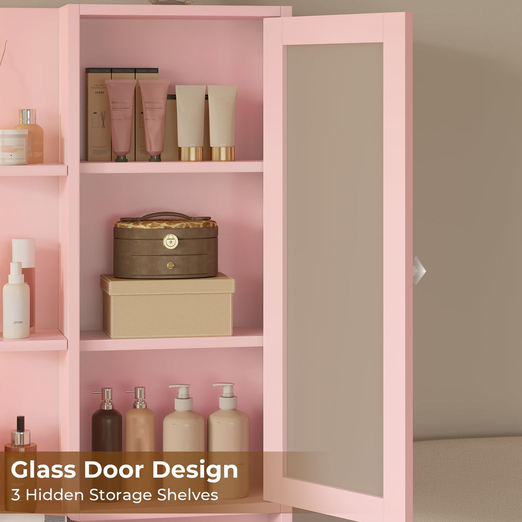 Vanity Desk with Mirror and Lights & Charging Station, White Vanity Table with 5 Storage Drawer & Glass Door & 3 Shelves