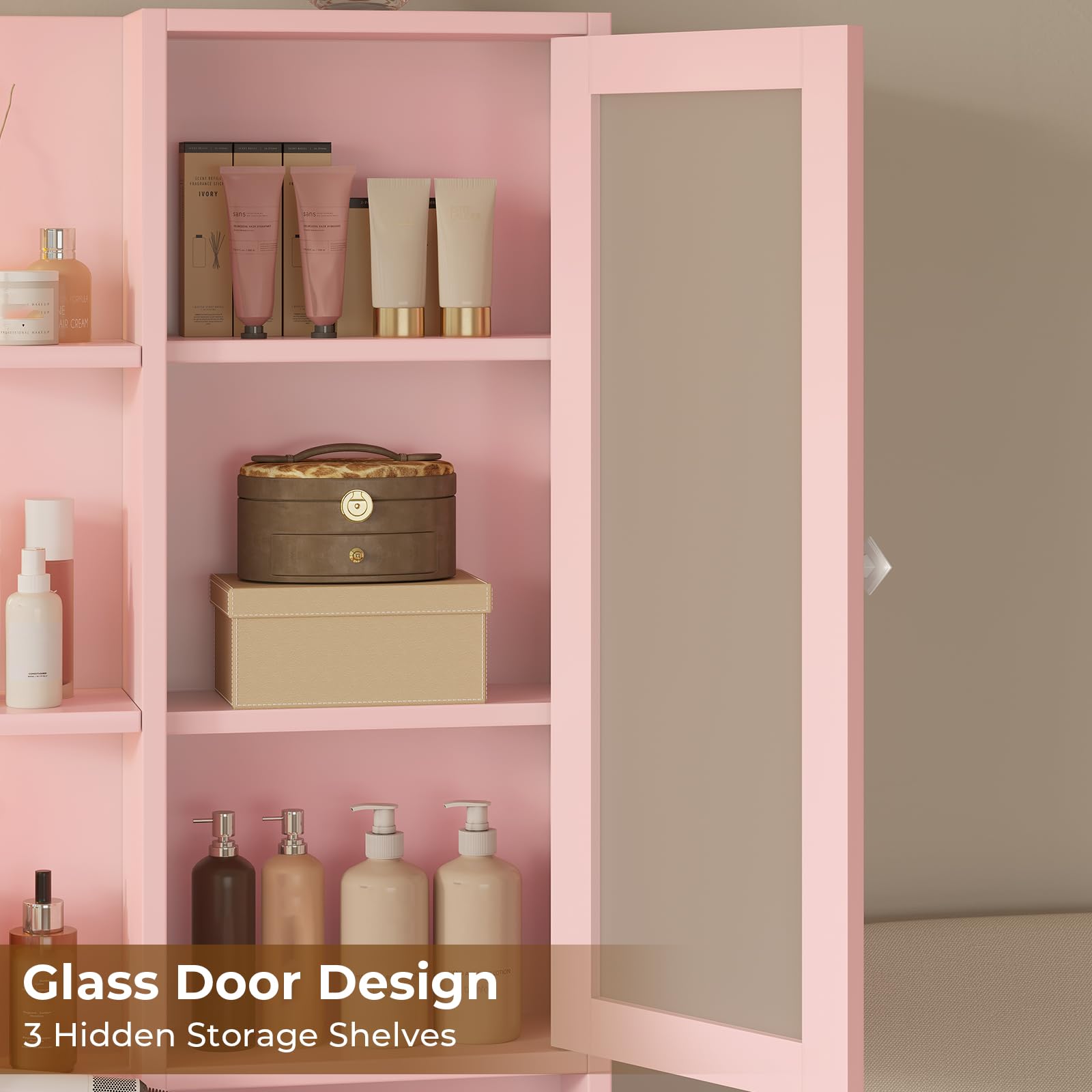 Vanity Desk with Mirror and Lights & Charging Station, White Vanity Table with 5 Storage Drawer & Glass Door & 3 Shelves