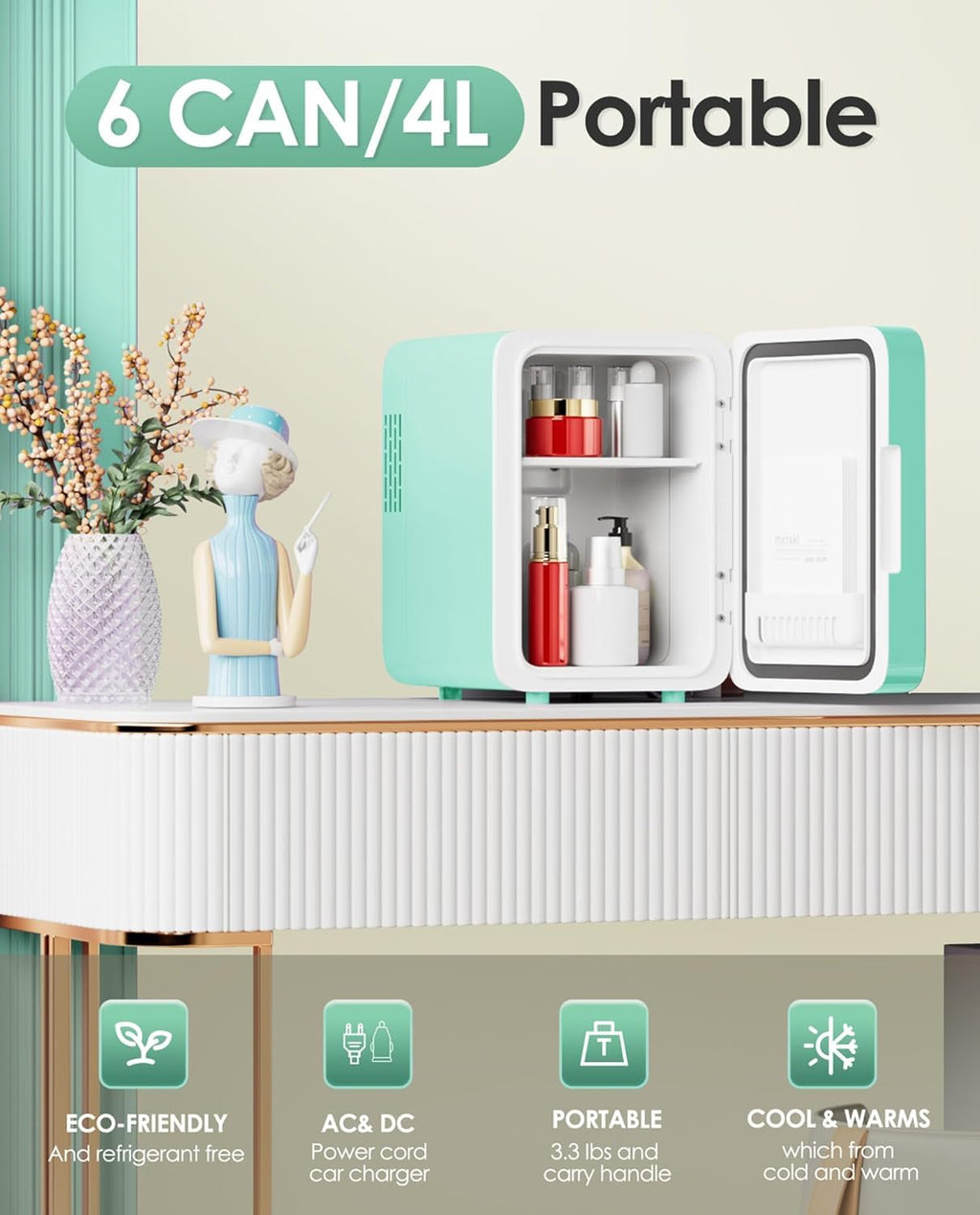 Skincare Fridge - Makeup Fridge for Refrigerating Skincare and Food, Mini Fridge Cooler and Warmer