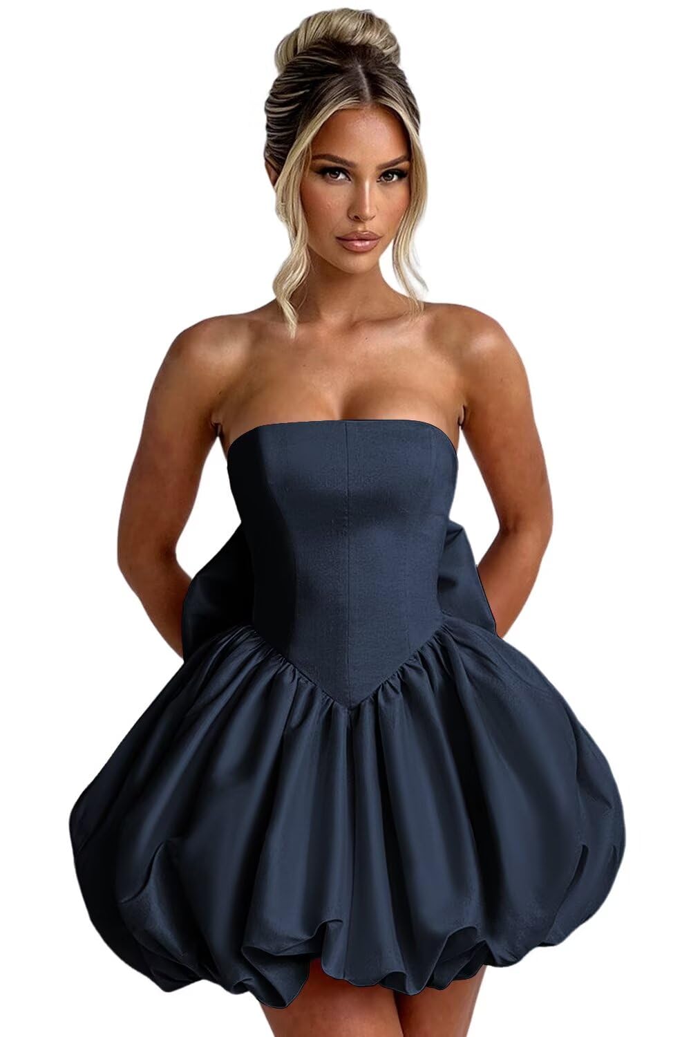Satin Bubble Dress with Pockets Strapless Detachable Bow Short Ball Gowns A Line